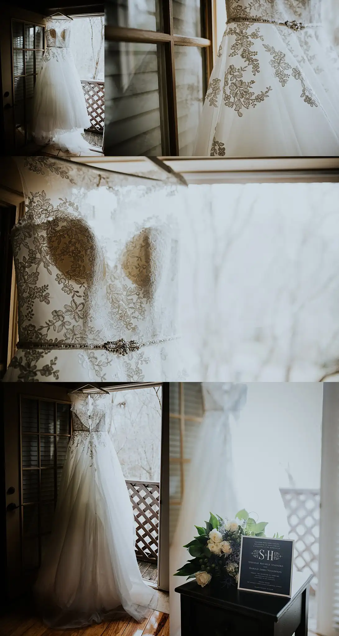 Barnesly Gardens Wedding Top Atlanta Photographers Wedding Details: the lace gown hanging, and the veil, in a set, at a wedding at Barnsley Gardens in Adairsville, GA