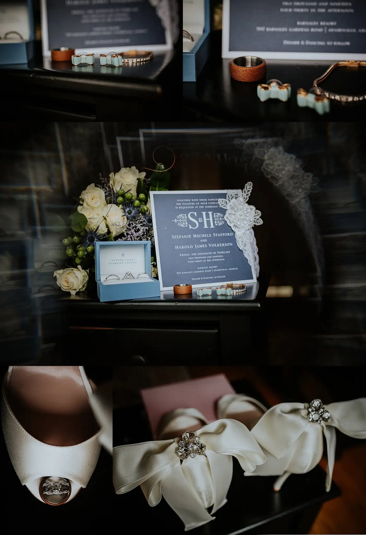 Barnesly Gardens Wedding Top Atlanta Photographers Wedding Details: the navy invitation suite and the jeweled shoes, in a set, at a wedding at Barnsley Gardens in Adairsville, GA