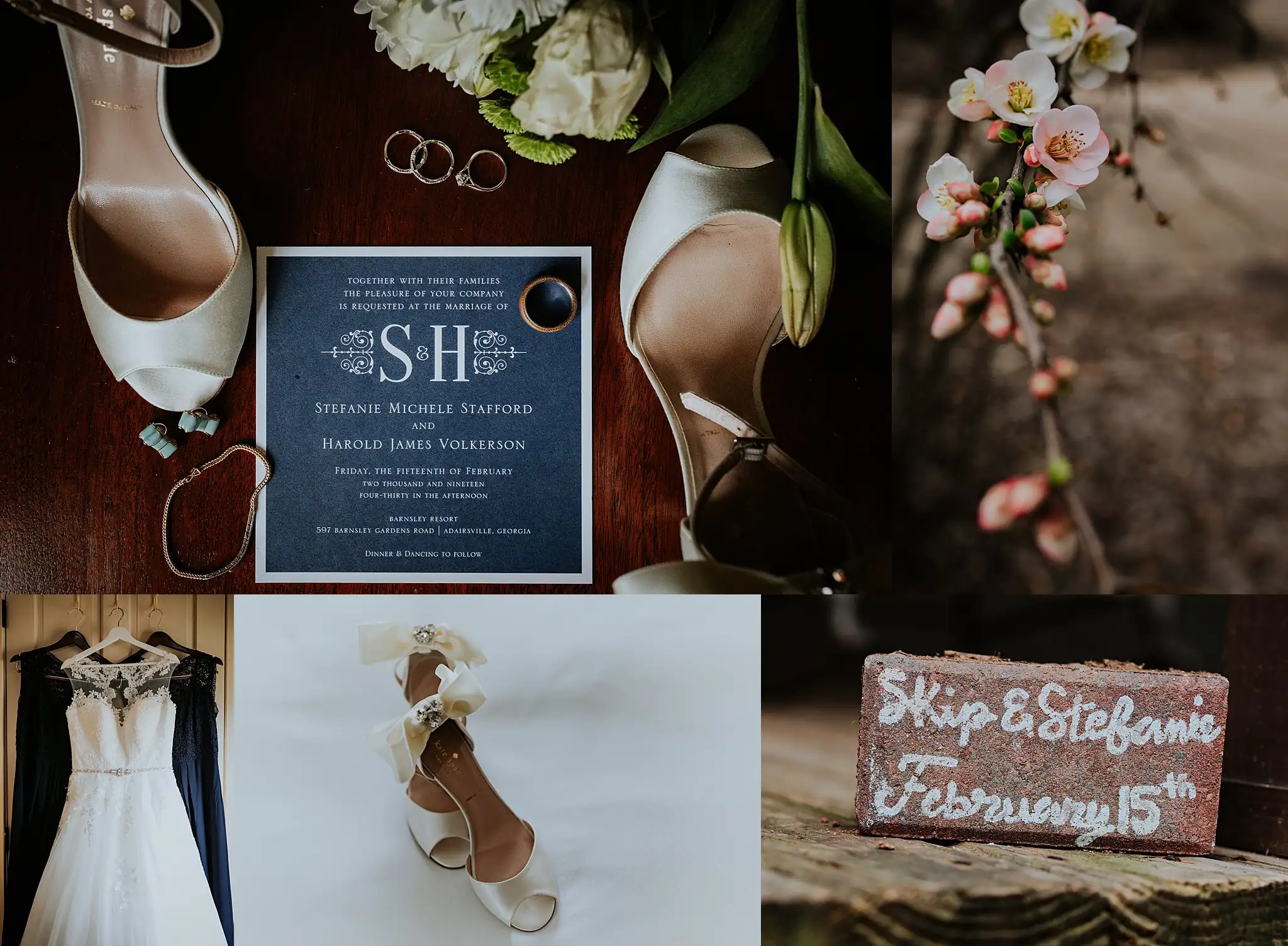 Barnesly Gardens Wedding Top Atlanta Photographers Wedding Details: the heels, the rings and the framed invitation, in a set, at a wedding at Barnsley Gardens in Adairsville, GA