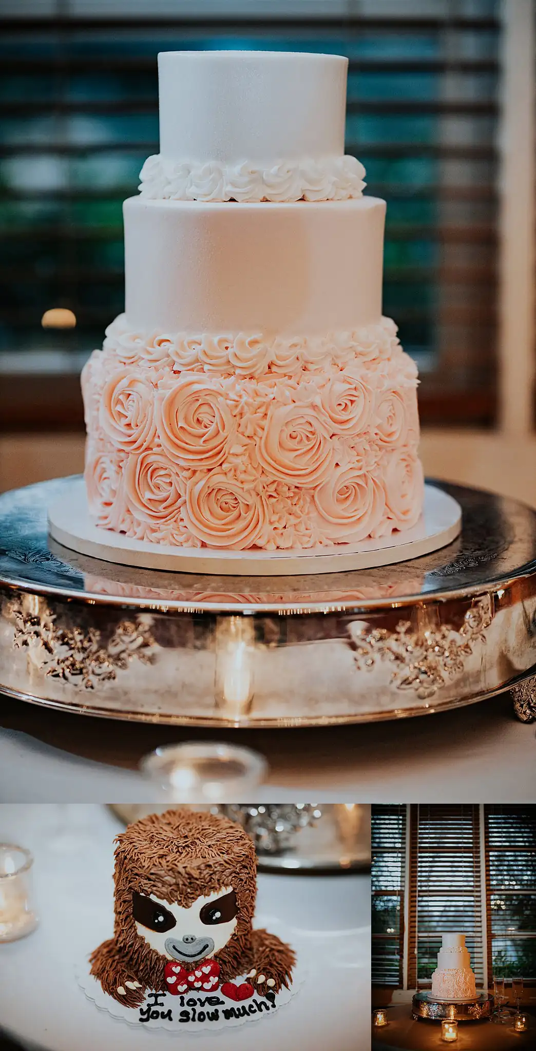 Barnesly Gardens Wedding Top Atlanta Photographers Wedding Cake Details: the rosette cake, and a sloth groom's cake iced 'love you slow much', in a set, at a wedding at Barnsley Gardens in Adairsville, GA