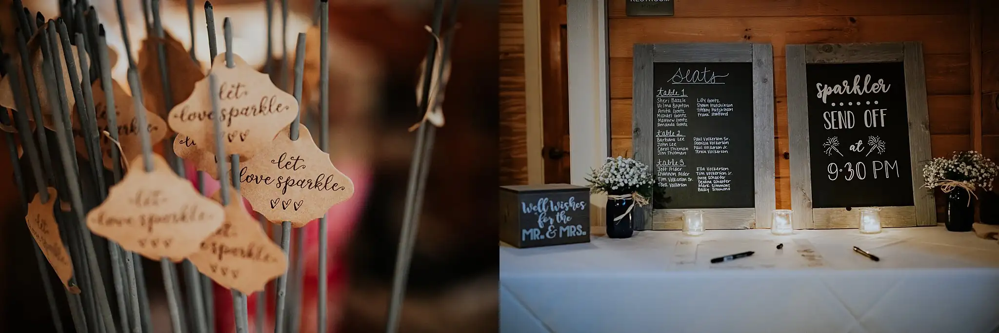 Barnesly Gardens Wedding Top Atlanta Photographers Reception Details: the sparkler tags and the chalkboard send-off sign, in a set, at a wedding at Barnsley Gardens in Adairsville, GA