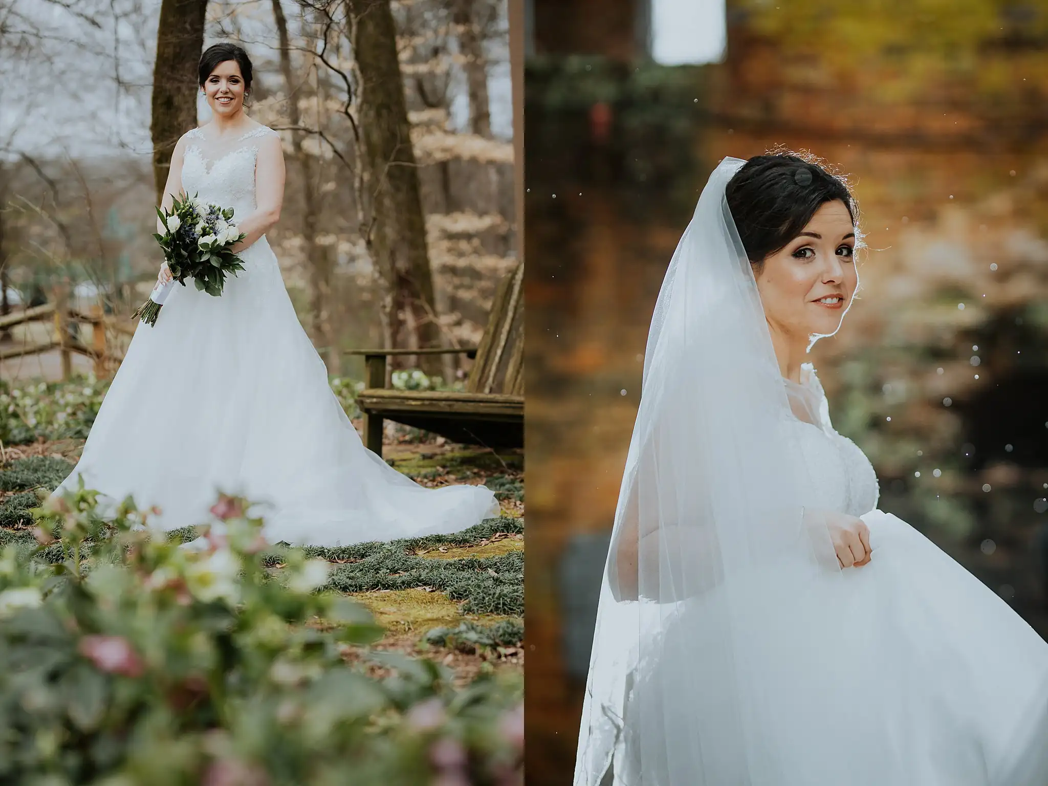 Barnesly Gardens Wedding Top Atlanta Photographers Bridal Portraits: the bride with her bouquet and her veil out behind, in a set, at their wedding at Barnsley Gardens in Adairsville, GA