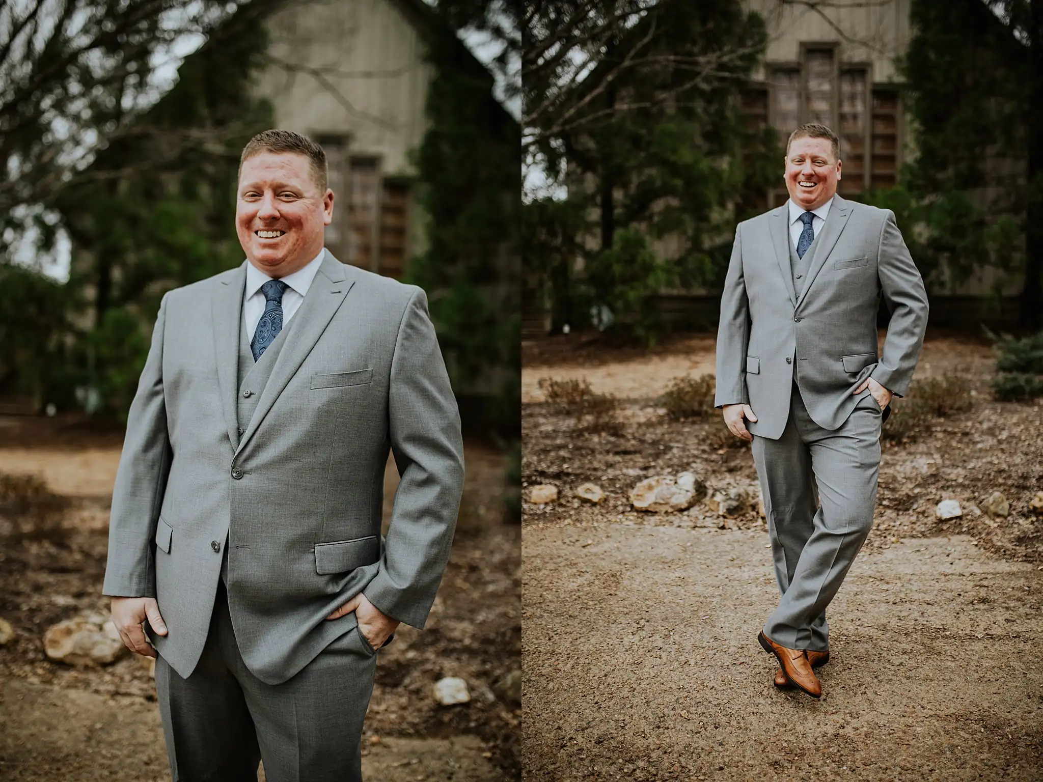 Barnesly Gardens Wedding Top Atlanta Photographers Wedding Formals: the groom in his grey suit on the drive, in a set, at their wedding at Barnsley Gardens in Adairsville, GA