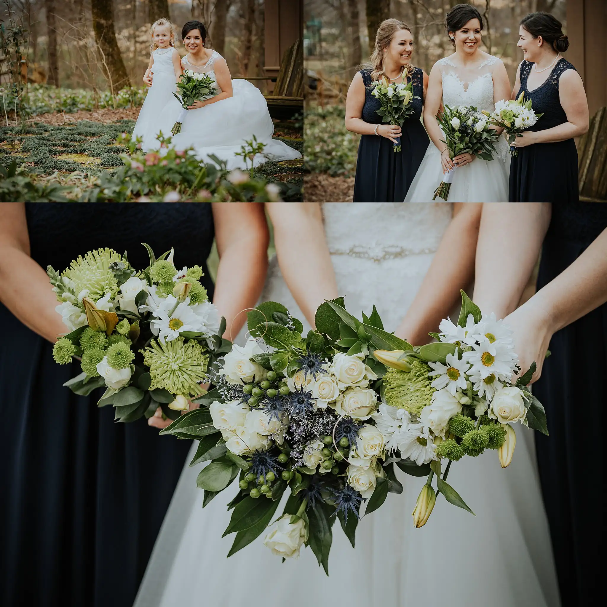 Barnesly Gardens Wedding Top Atlanta Photographers Wedding Party: the bridesmaids in navy and their white bouquets, in a set, at their wedding at Barnsley Gardens in Adairsville, GA