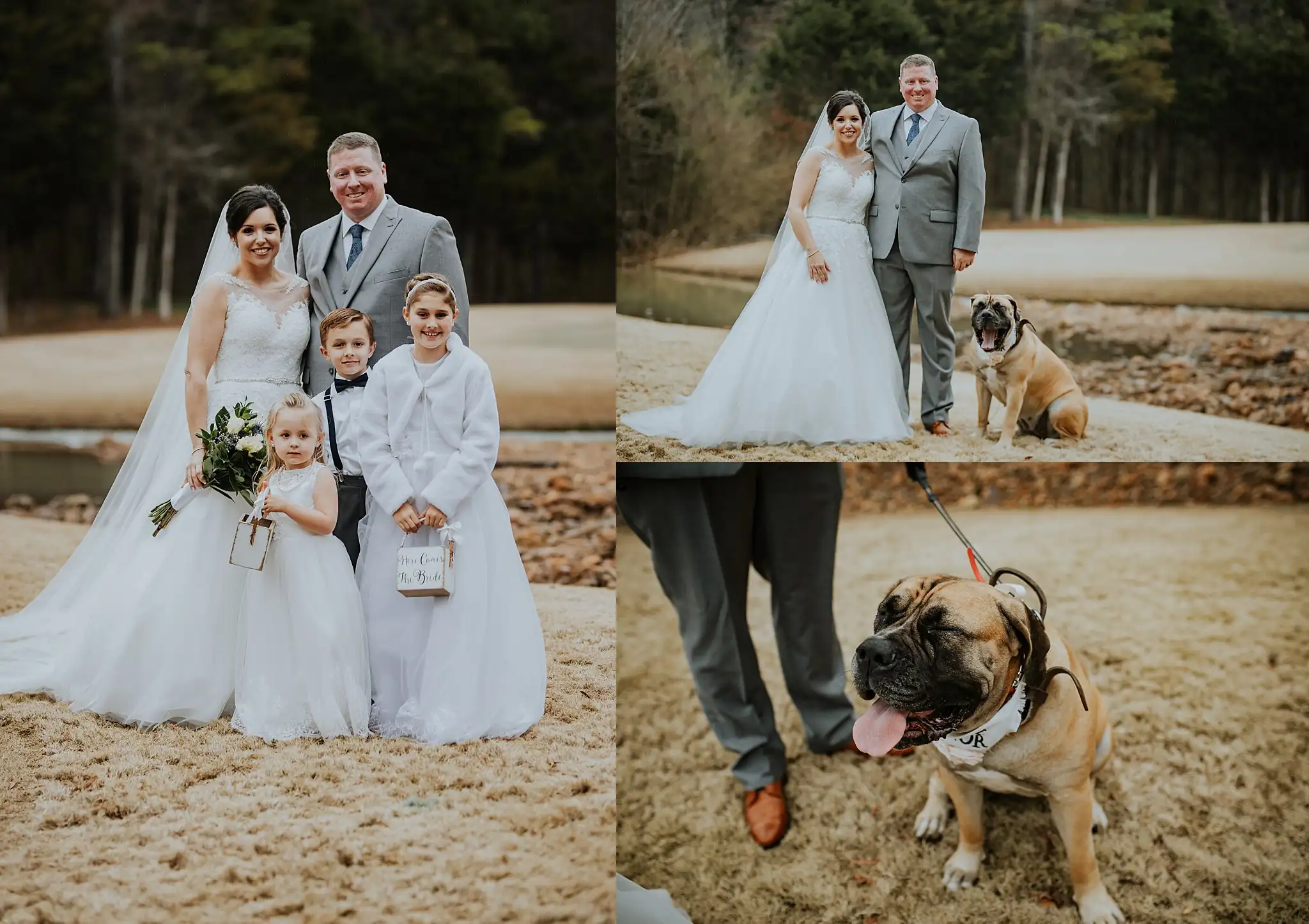 Barnesly Gardens Wedding Top Atlanta Photographers Wedding Party: the bride with the flower girls, and the dog in his bow tie, in a set, at their wedding at Barnsley Gardens in Adairsville, GA
