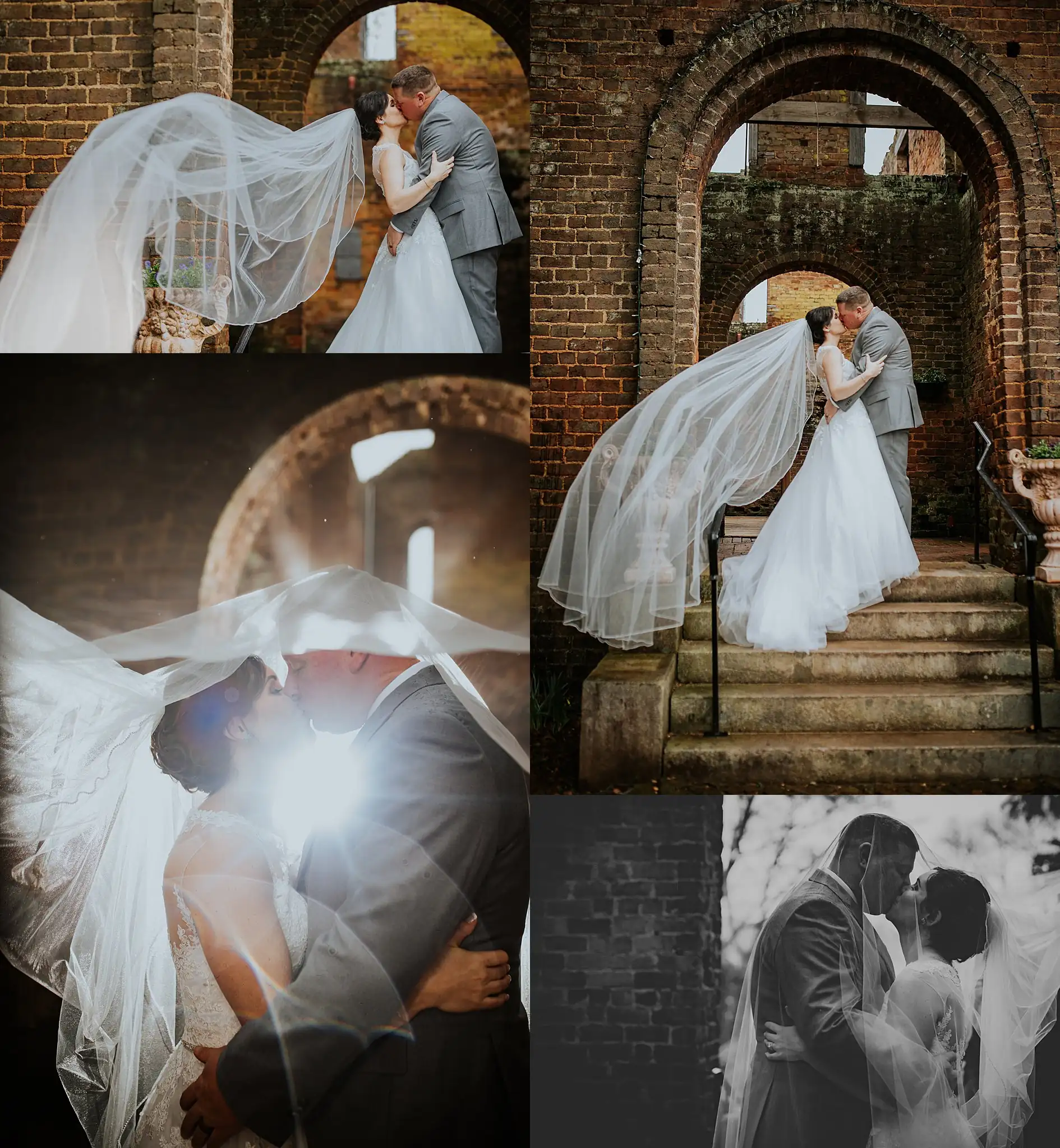 Barnesly Gardens Wedding Top Atlanta Photographers Wedding Formals: kisses under the veil and in the stone archway, in a set, at their wedding at Barnsley Gardens in Adairsville, GA