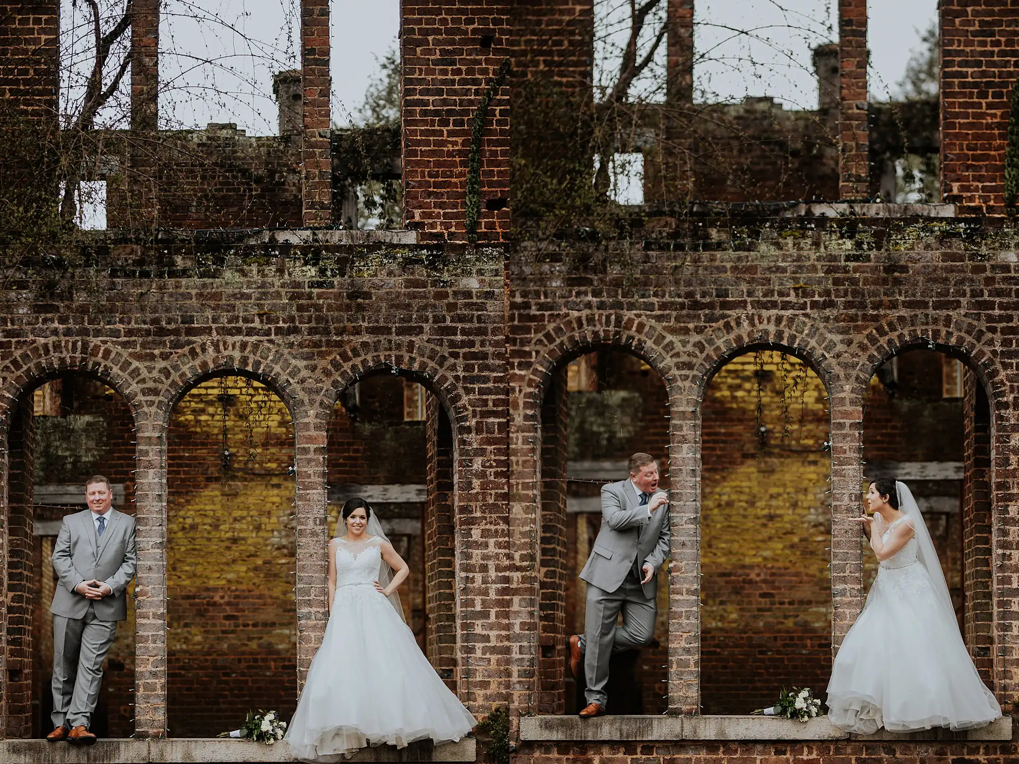 Barnesly Gardens Wedding Top Atlanta Photographers Wedding Formals: the couple along the ruined wall, and a dip kiss, in a set, at their wedding at Barnsley Gardens in Adairsville, GA