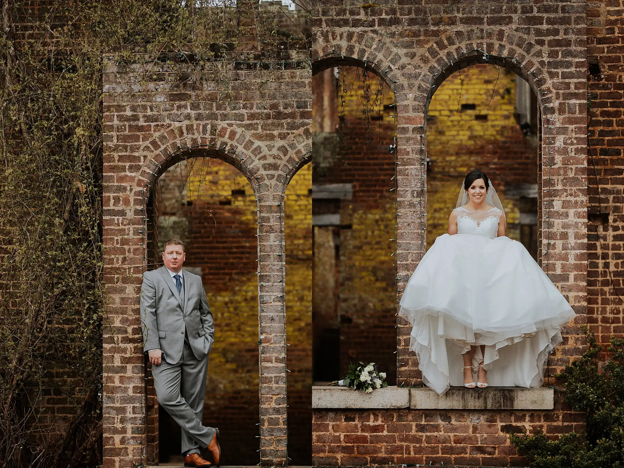 Barnesly Gardens Wedding Top Atlanta Photographers Wedding Formals: the two of them framed in the brick arches of the ruins, in a set, at their wedding at Barnsley Gardens in Adairsville, GA