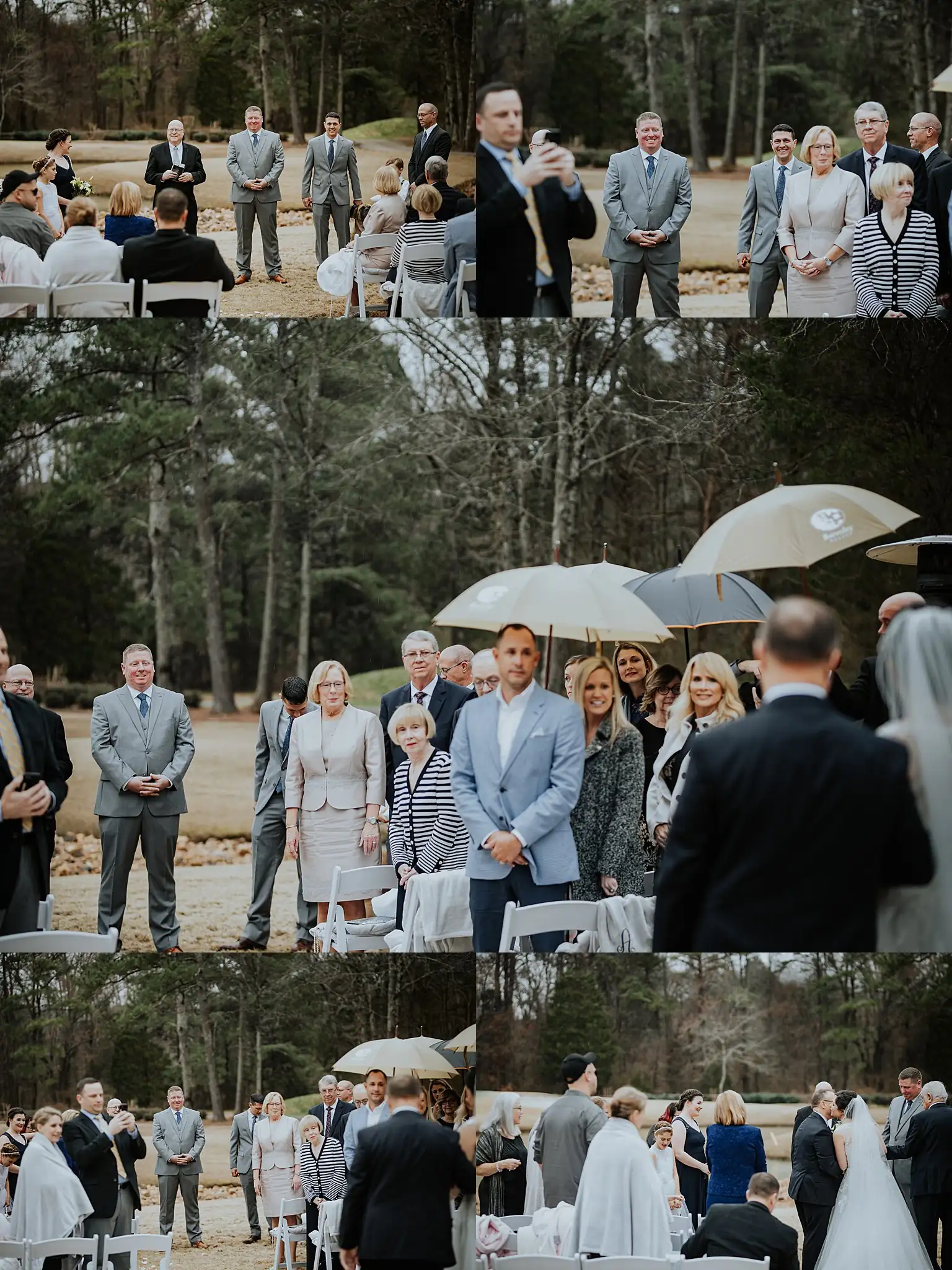 Barnesly Gardens Wedding Top Atlanta Photographers Wedding Ceremony: guests watching from under their umbrellas, in a set, at their wedding at Barnsley Gardens in Adairsville, GA