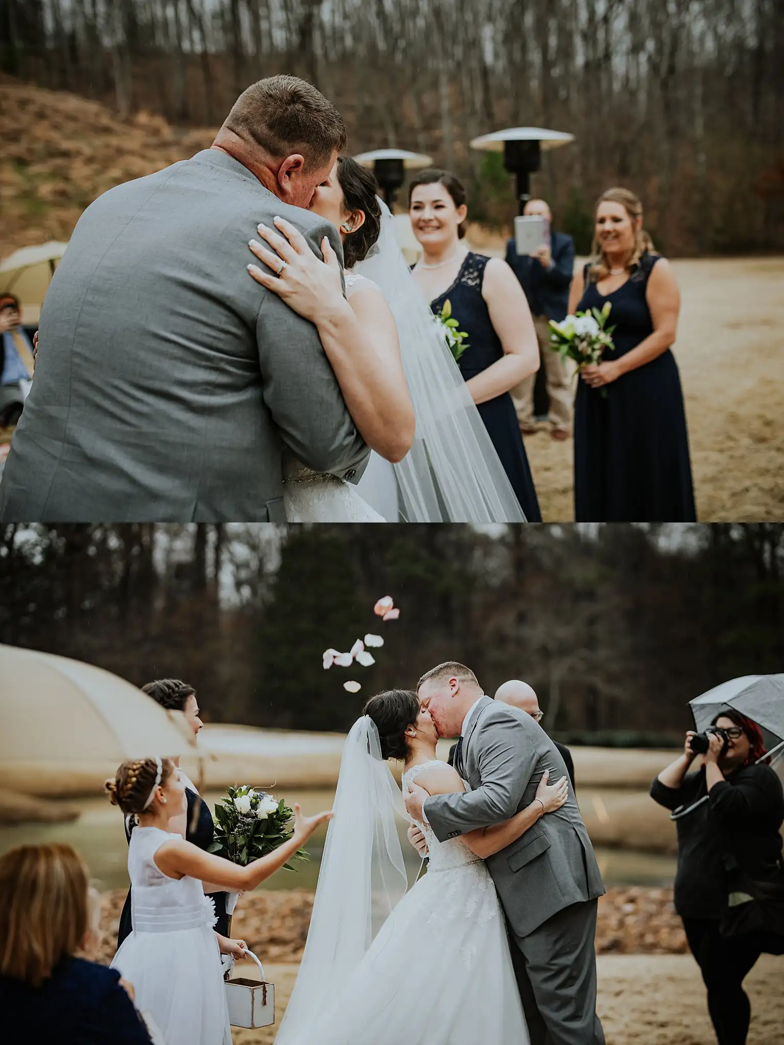 Barnesly Gardens Wedding Top Atlanta Photographers Recessional: the kiss, and the petals thrown as they walk out, in a set, at their wedding at Barnsley Gardens in Adairsville, GA