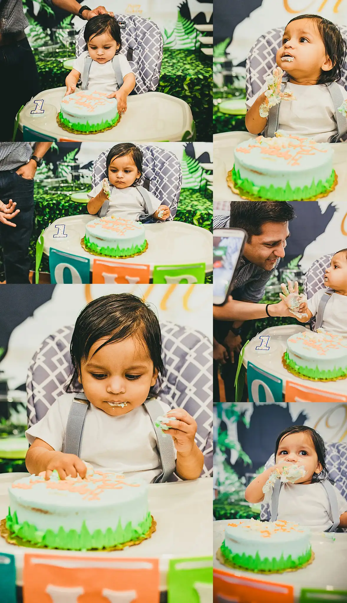 Party: the cake smash, both hands in the icing, in a set, at a first birthday party in Atlanta, GA