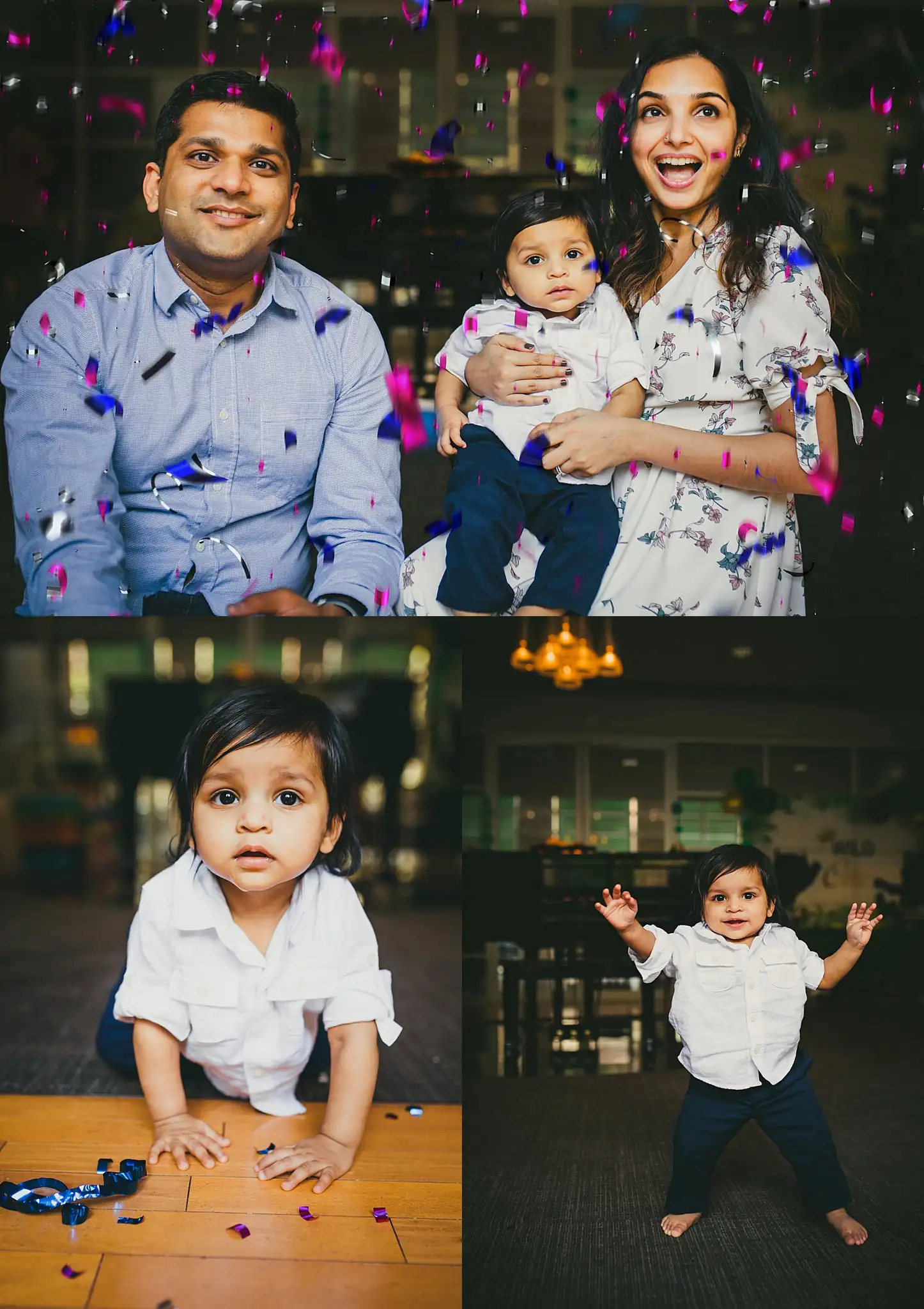 Party: the family in falling confetti, and the boy cheering, in a set, at a first birthday party in Atlanta, GA