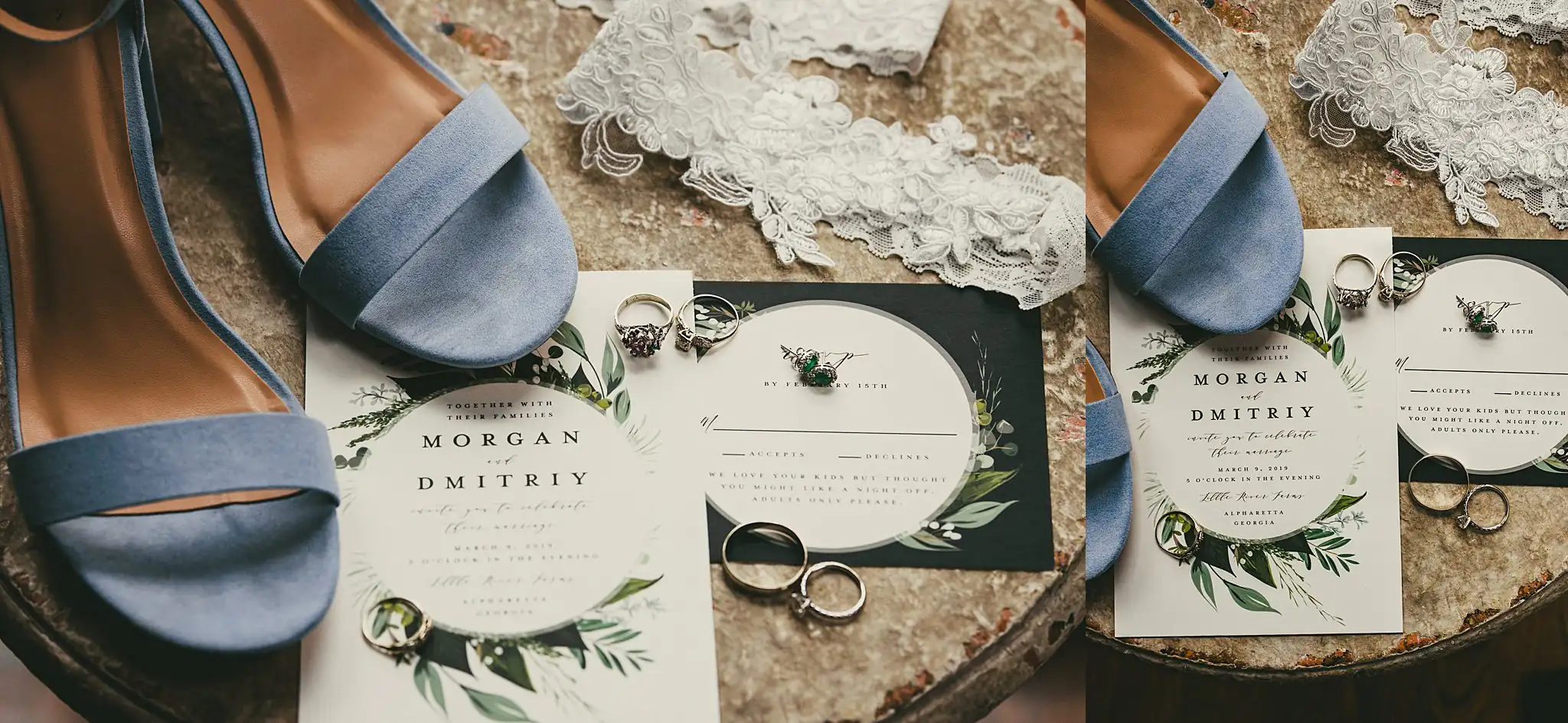 2019-04-22_0002.jpg Wedding Details: the invitation suite with dusty blue heels and rings, at a wedding at Little River Farms in Milton, GA