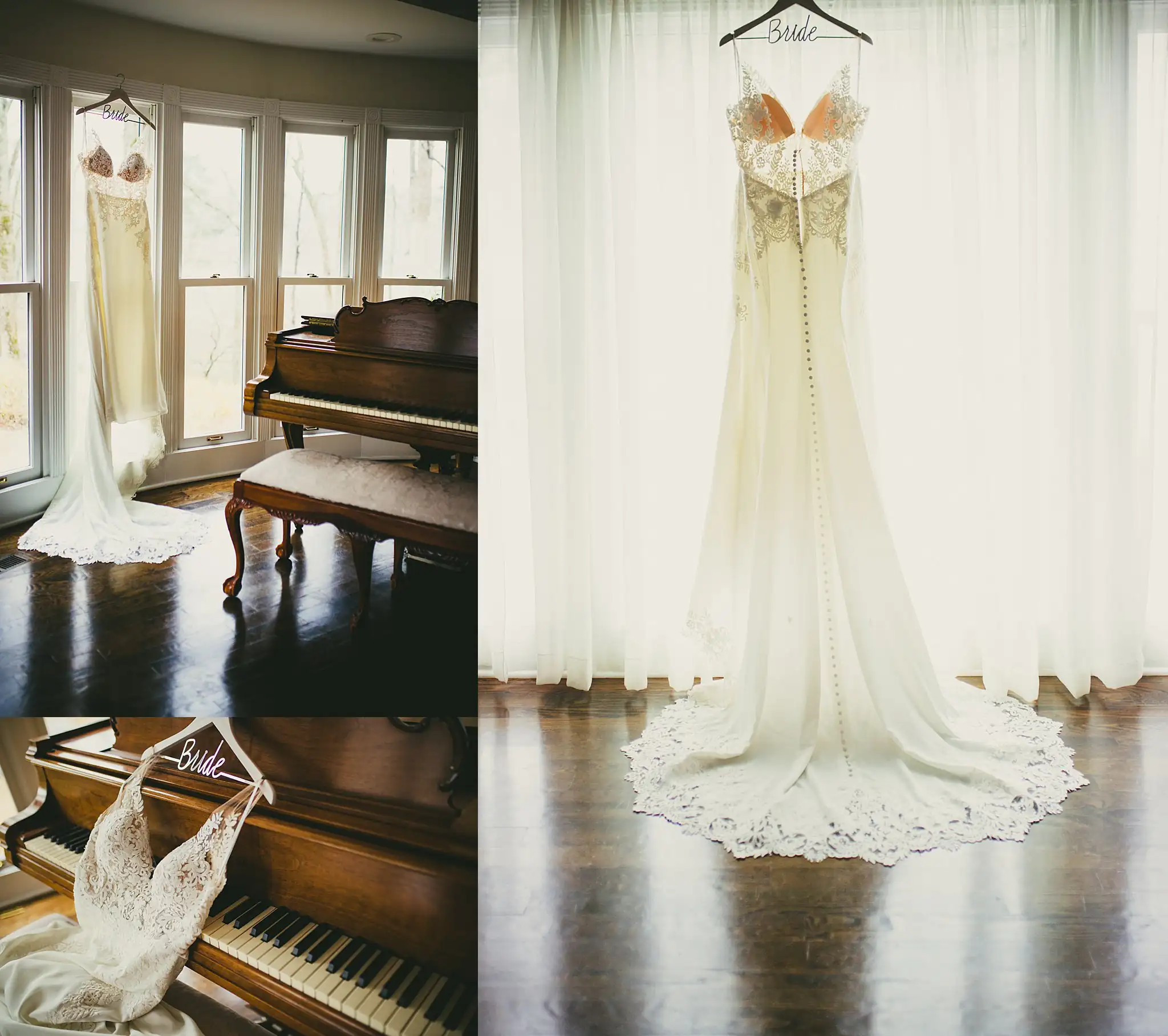 2019-04-22_0007.jpg Wedding Details: the veil on the piano, and the gown's train spread, at a wedding at Little River Farms in Milton, GA