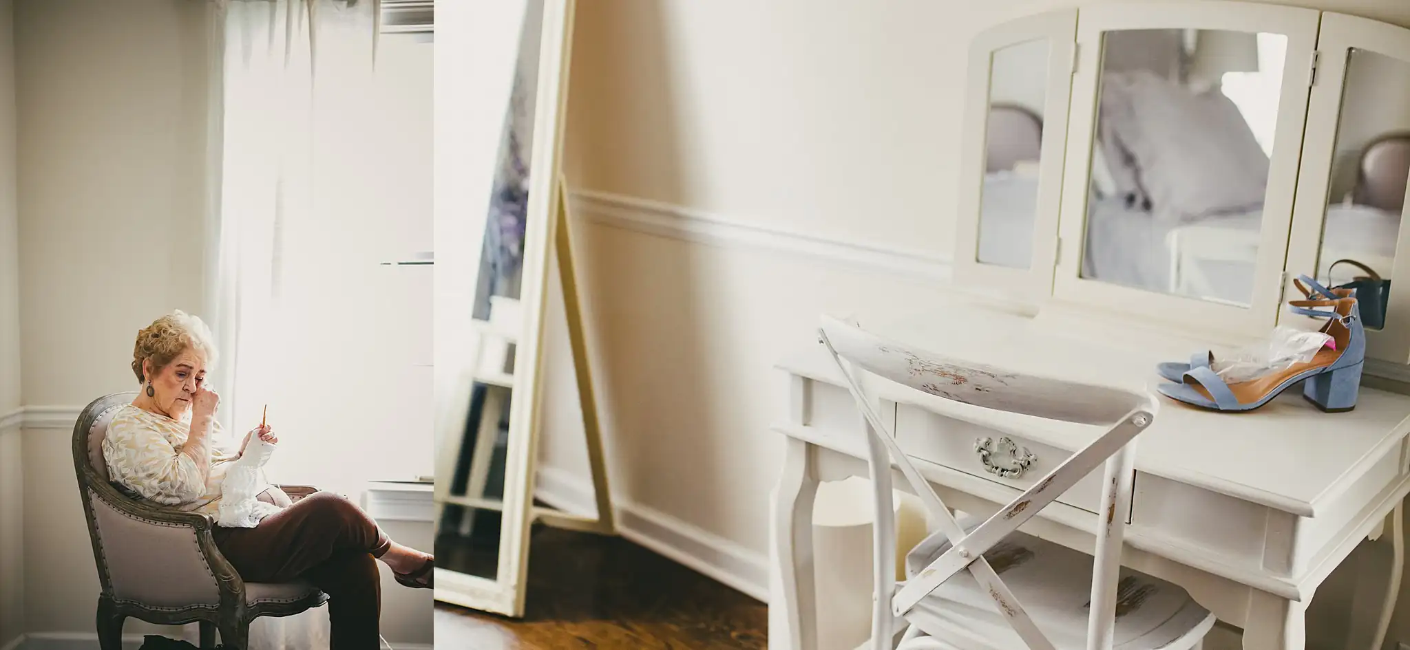 2019-04-22_0013.jpg Getting Ready: a relative watching, and the heels on the dresser, before their wedding at Little River Farms in Milton, GA