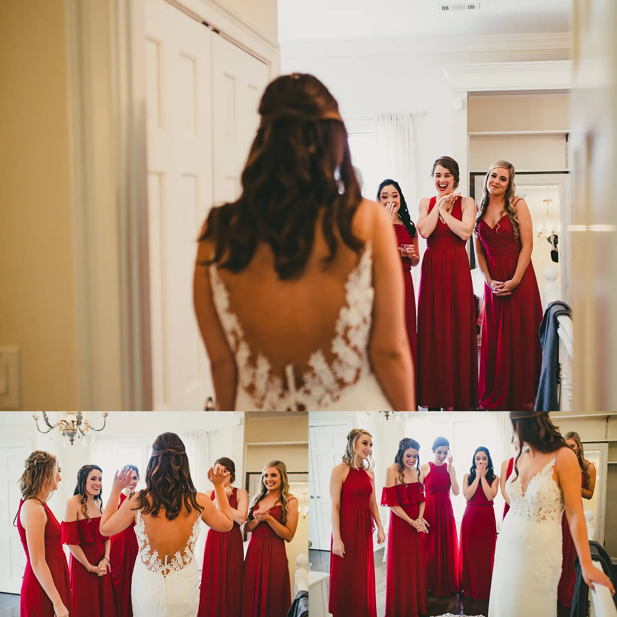 2019-04-22_0016.jpg Wedding Party: the bride from behind, and her bridesmaids in red, at their wedding at Little River Farms in Milton, GA