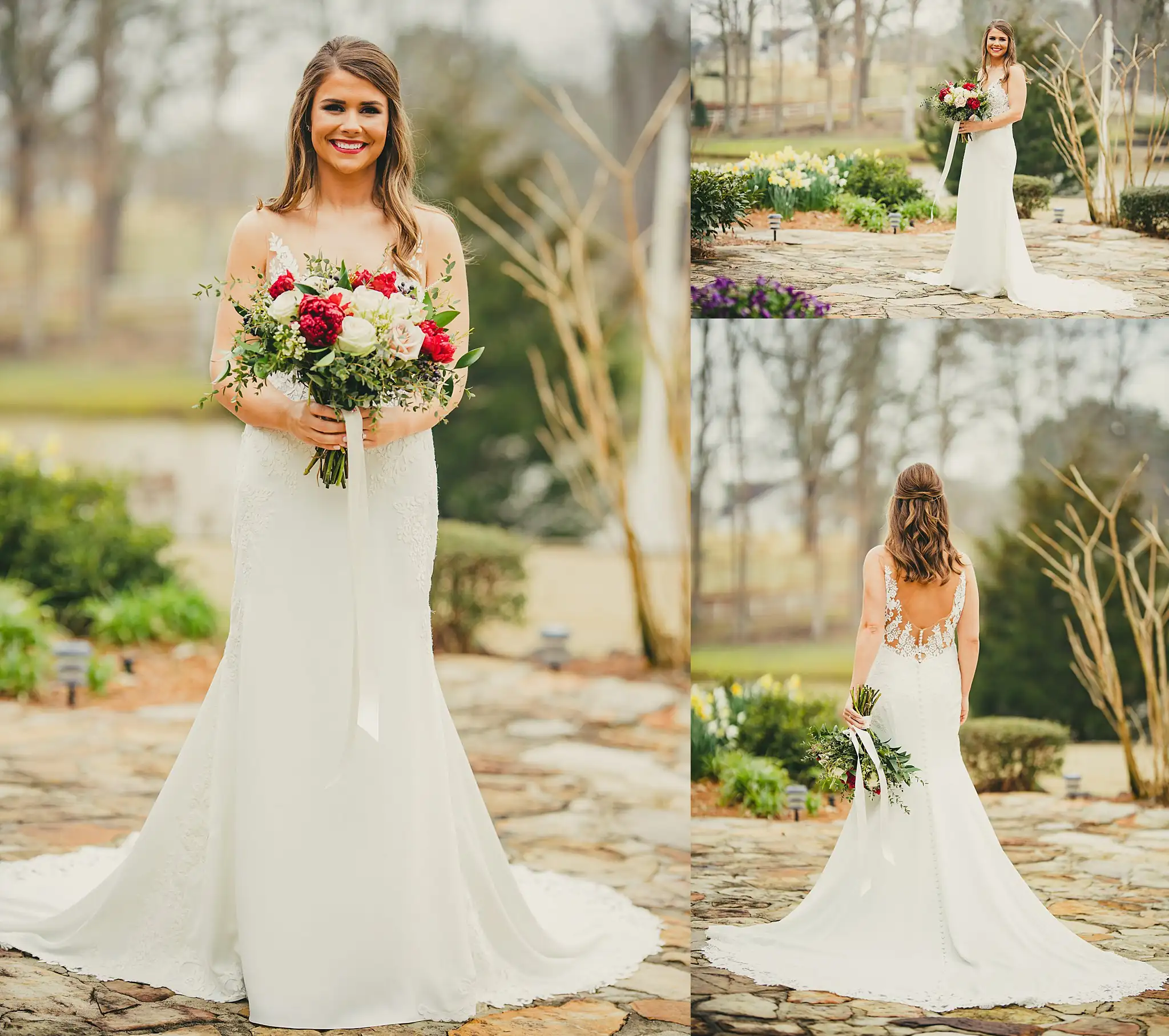 2019-04-22_0023.jpg Bridal Portraits: the bride with her bouquet on the stone patio, in a set, at their wedding at Little River Farms in Milton, GA