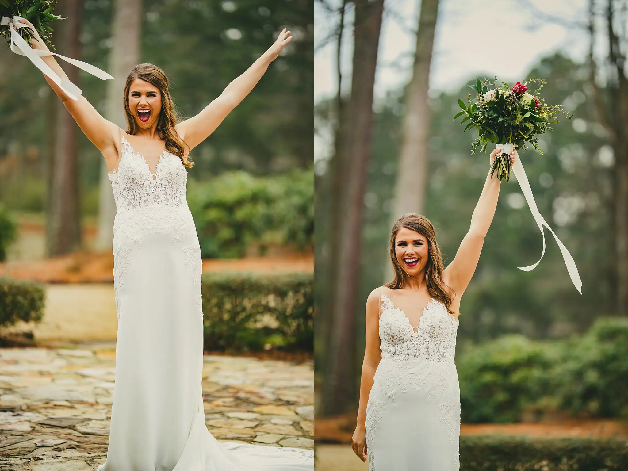 2019-04-22_0024.jpg Bridal Portraits: the bride celebrating, and holding her bouquet up, at their wedding at Little River Farms in Milton, GA