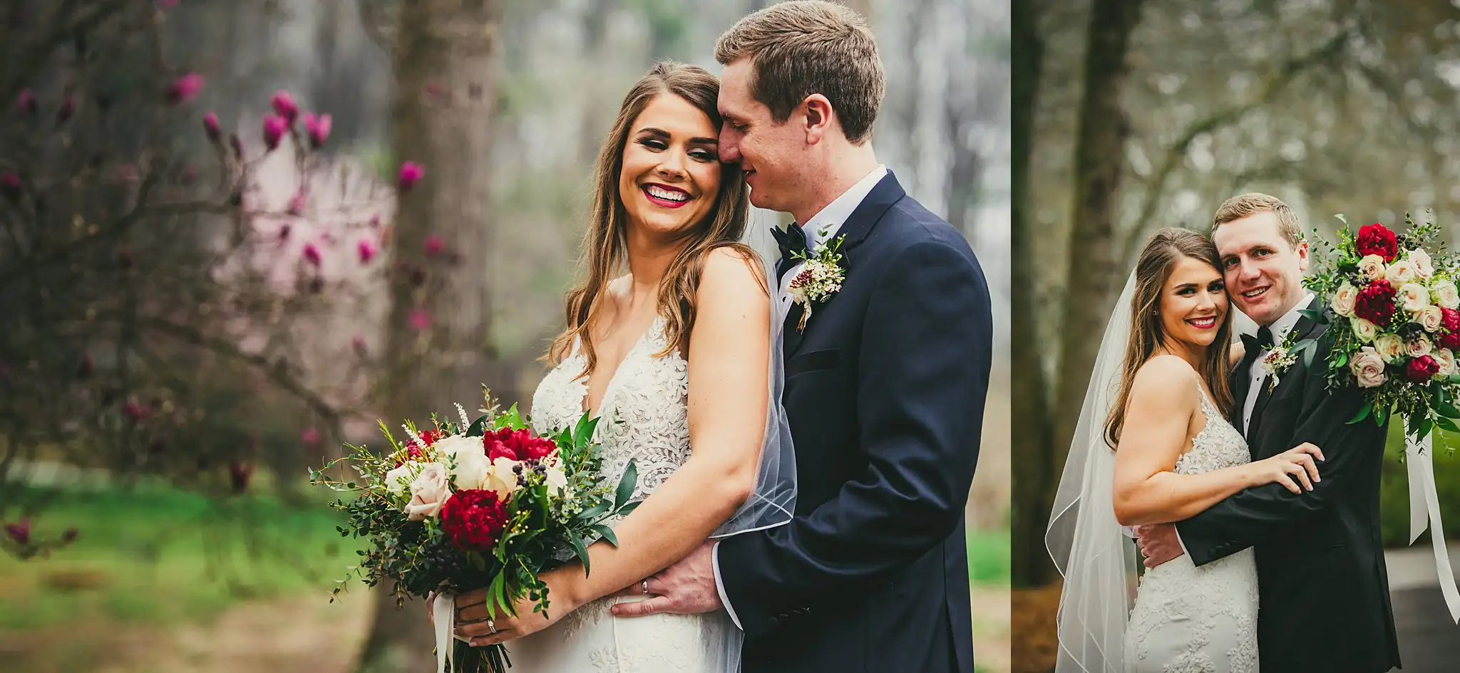 2019-04-22_0035.jpg Wedding Formals: the couple among the spring blossom, and embracing, at their wedding at Little River Farms in Milton, GA