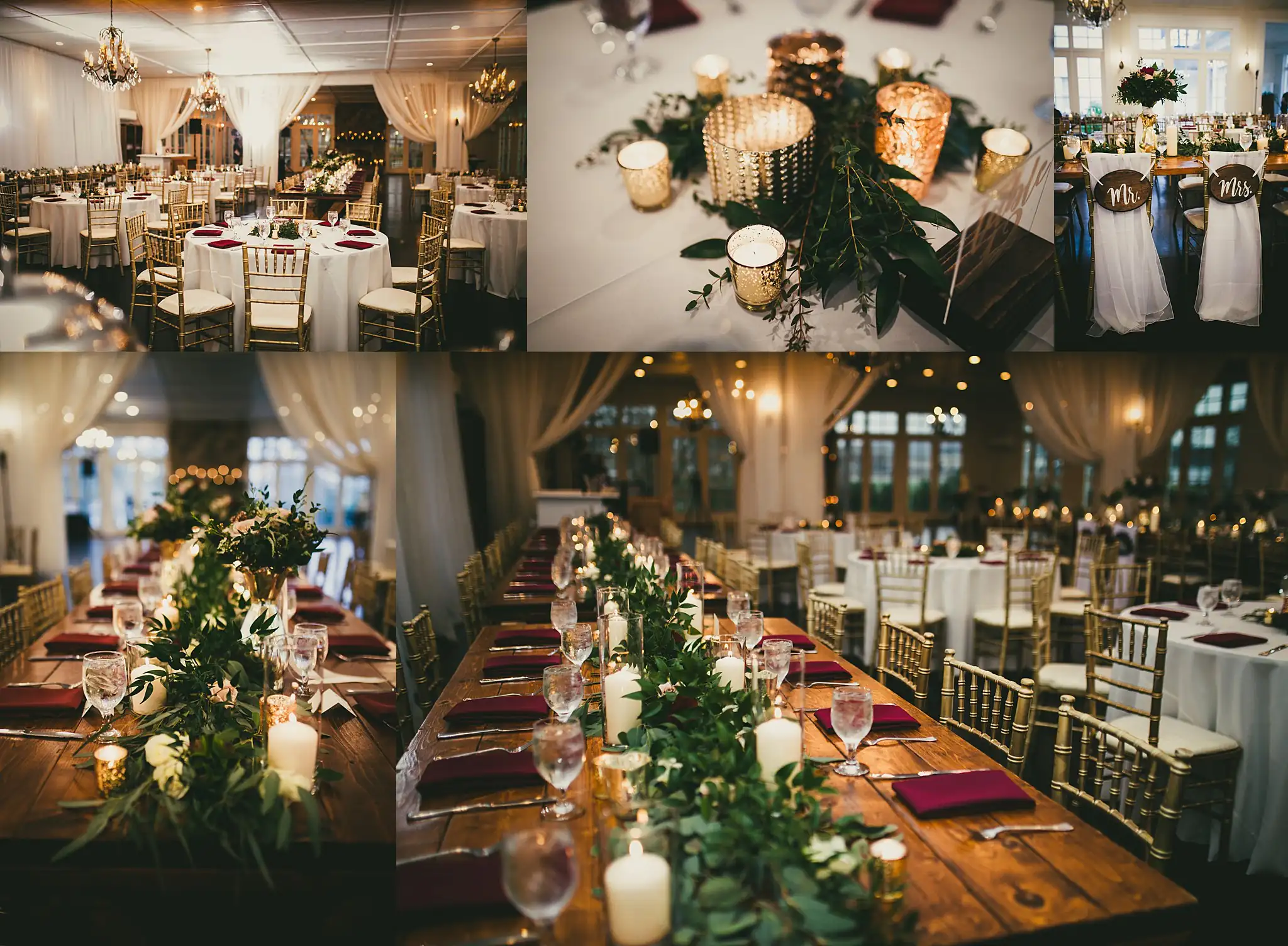 Reception Details: the candlelit room and the long greenery table, in a set, at their wedding at Little River Farms in Milton, GA