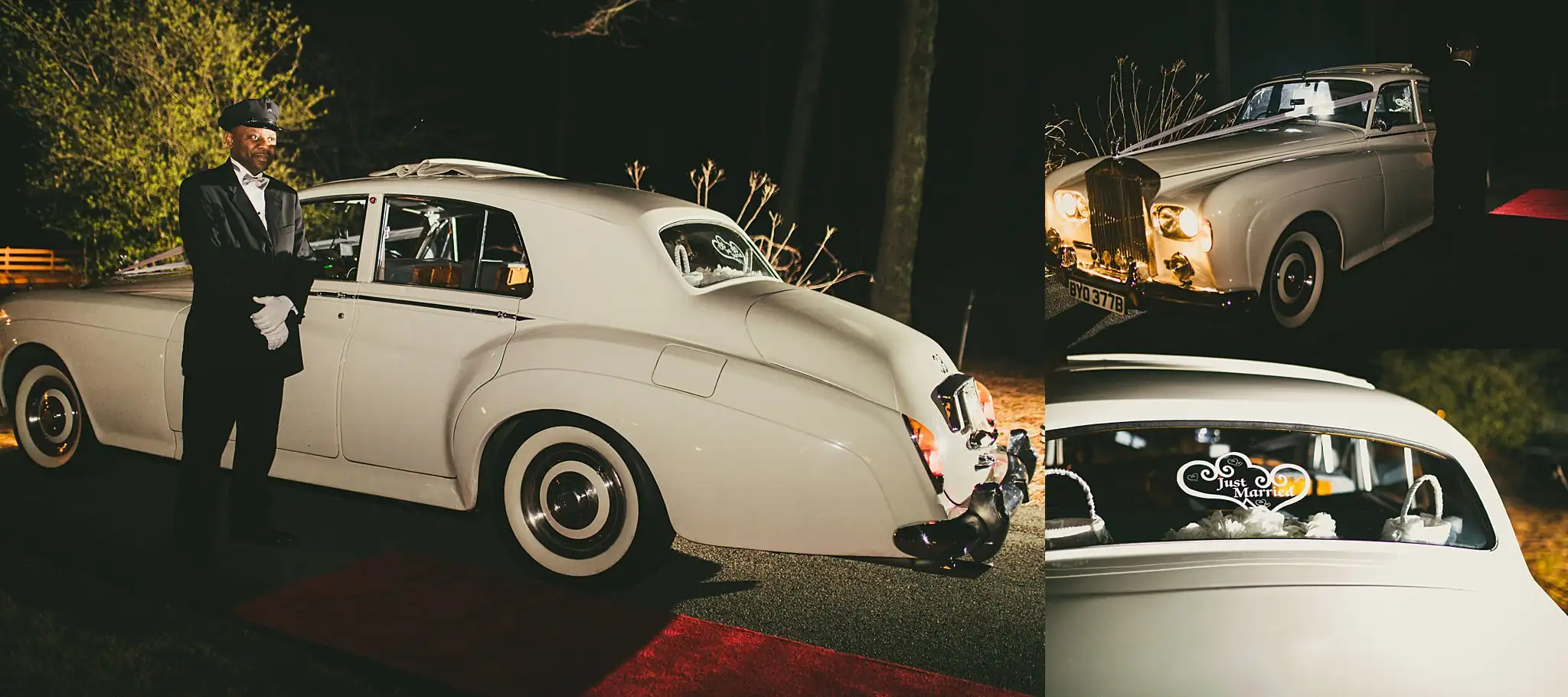 2019-04-22_0052.jpg Send-Off: the groom beside the vintage Rolls-Royce at night, at their wedding at Little River Farms in Milton, GA