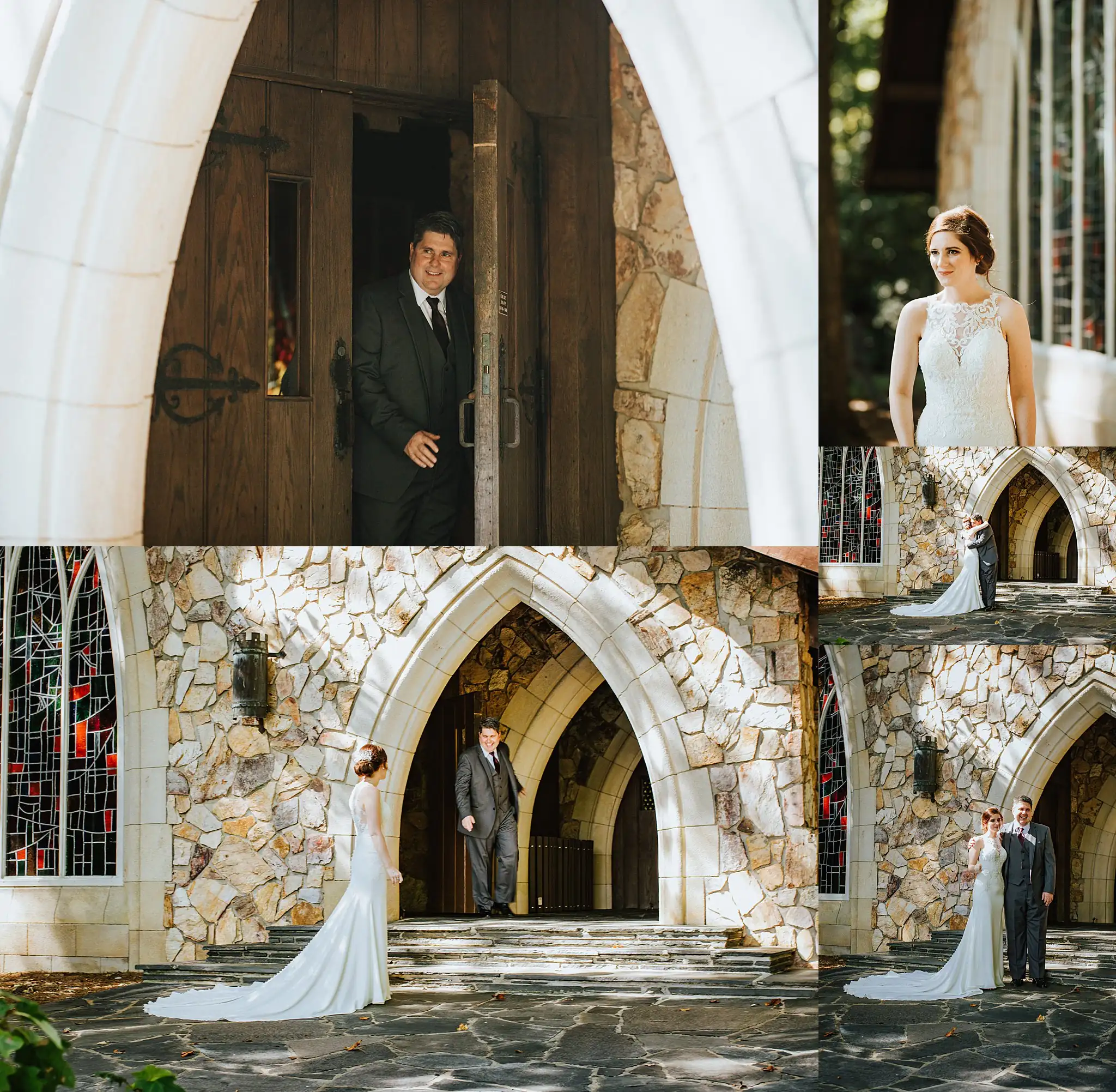 First Look: the groom waiting at the chapel arch as she comes round, in a set, before their wedding at Callaway Gardens in Pine Mountain, GA