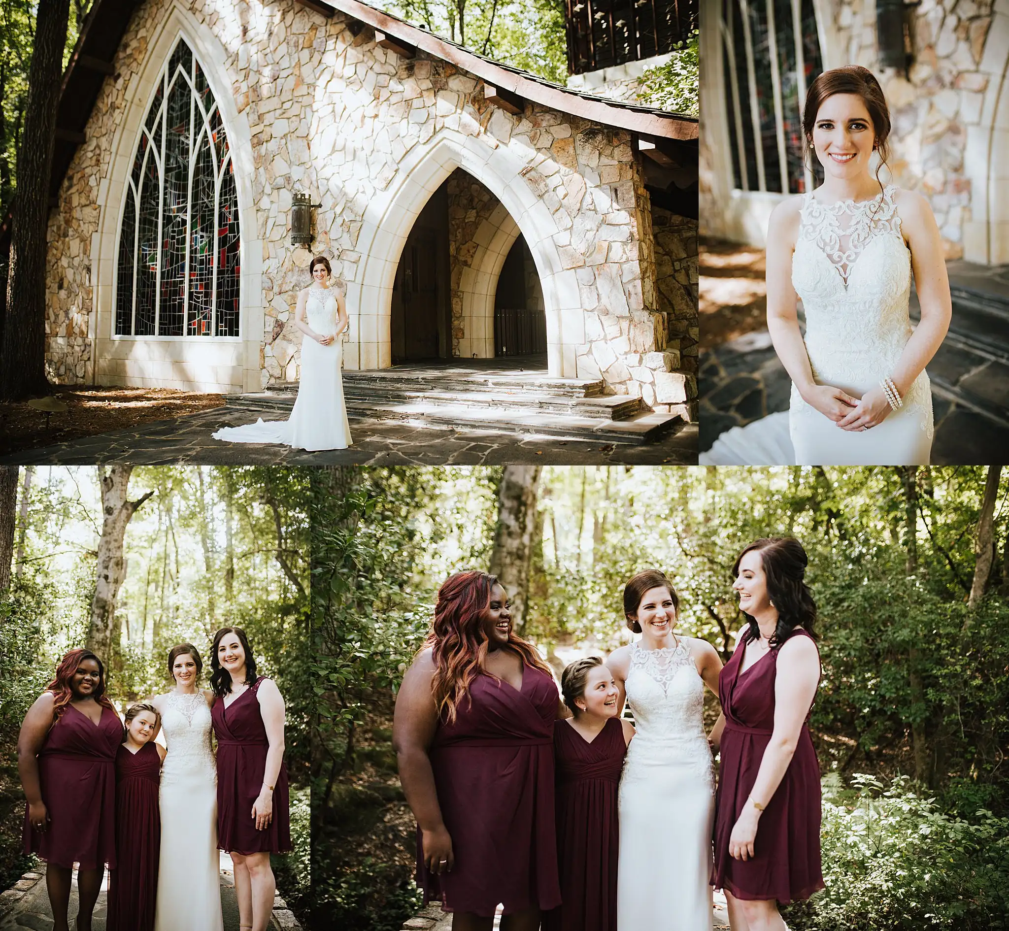 Wedding Party: the bride at the stone chapel, and her bridesmaids in burgundy, in a set, at their wedding at Callaway Gardens in Pine Mountain, GA