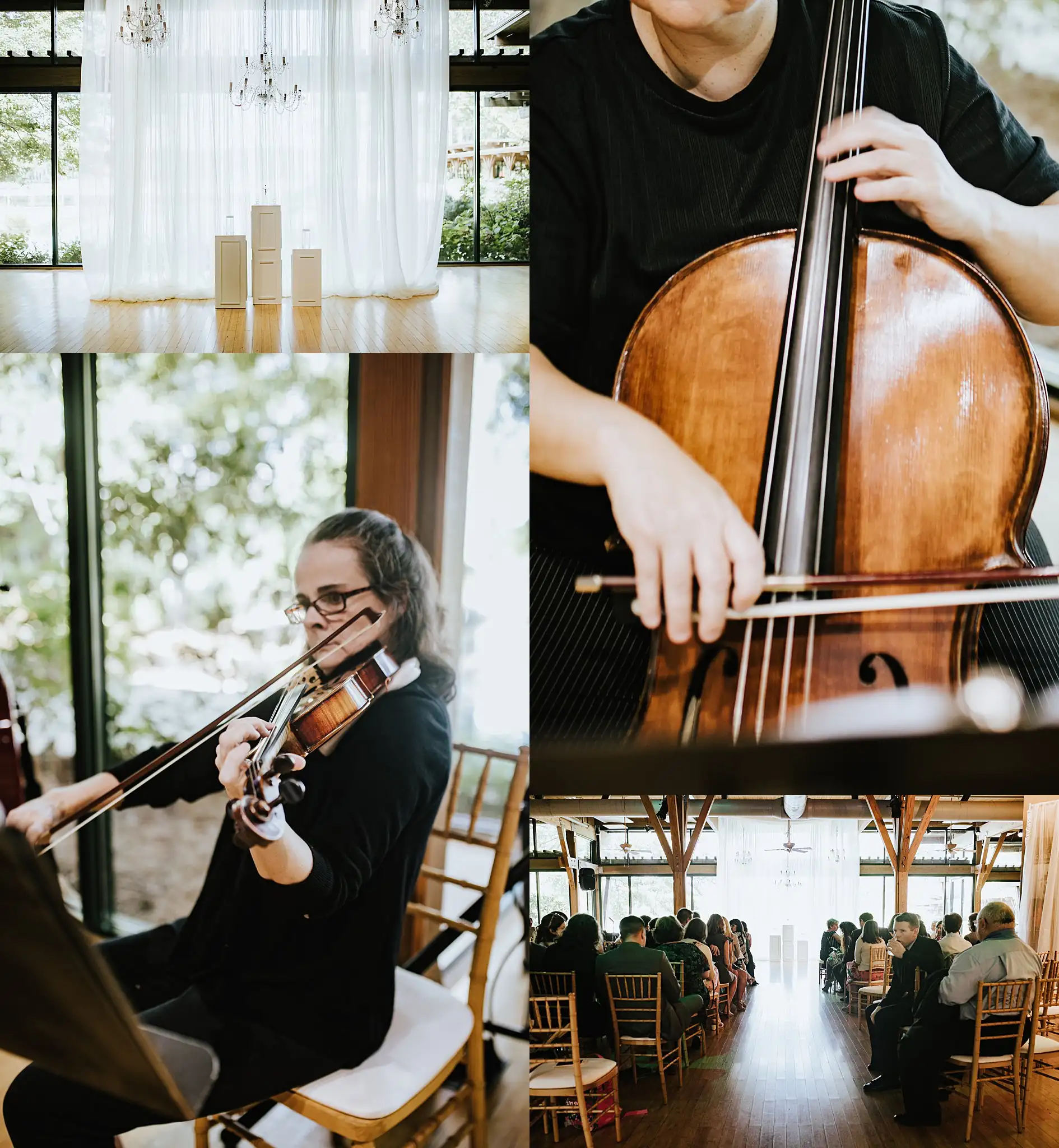 Wedding Ceremony: the string quartet playing before the guests, in a set, at their wedding at Callaway Gardens in Pine Mountain, GA
