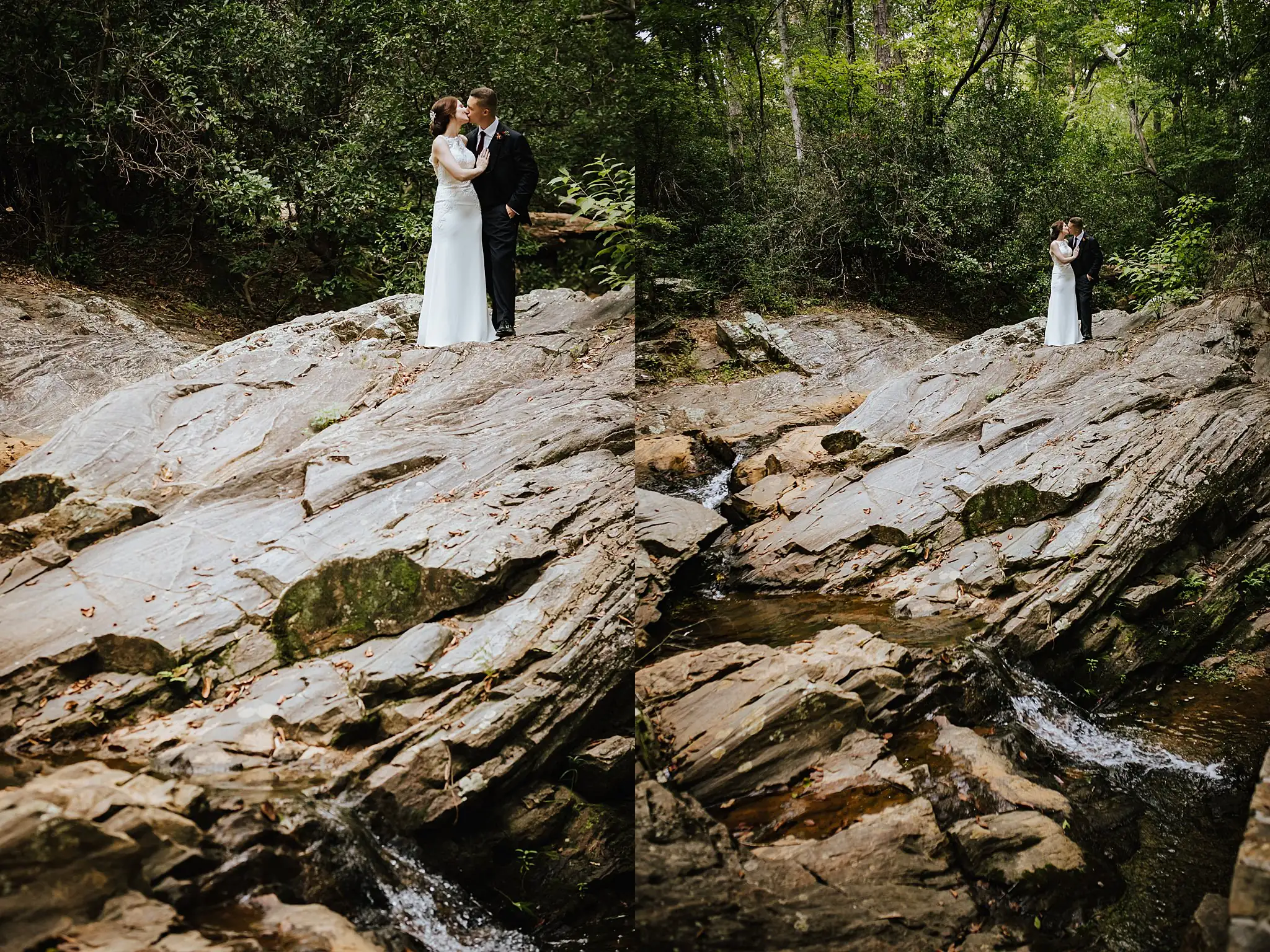 Wedding Formals: the couple out on the rocks above the water, in a set, at their wedding at Callaway Gardens in Pine Mountain, GA