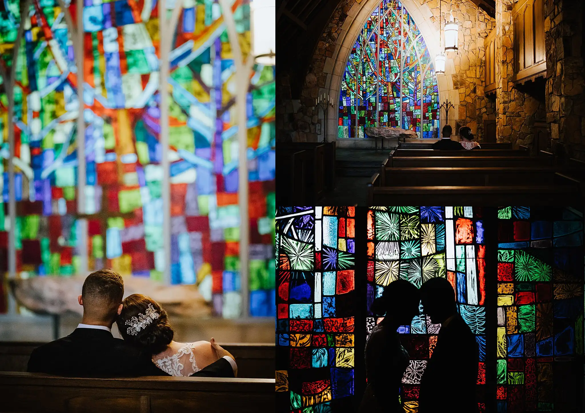 Wedding Ceremony: the chapel stained glass, and a guest in the pews, in a set, at a wedding at Callaway Gardens in Pine Mountain, GA