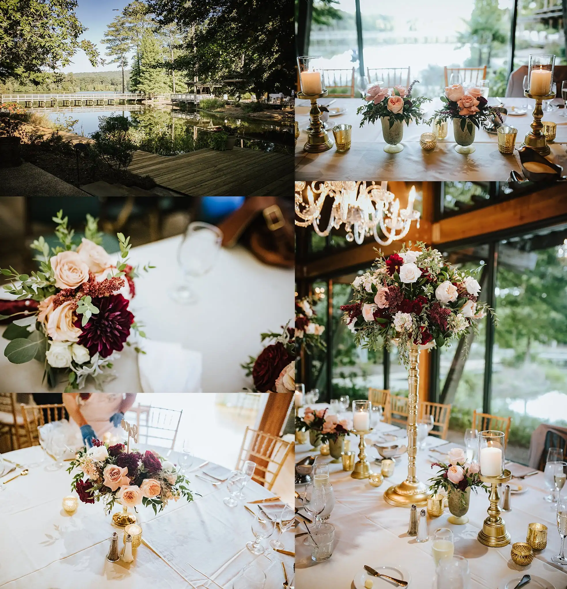 Reception Details: the head table, the candles and the tall centerpieces, in a set, at a wedding at Callaway Gardens in Pine Mountain, GA