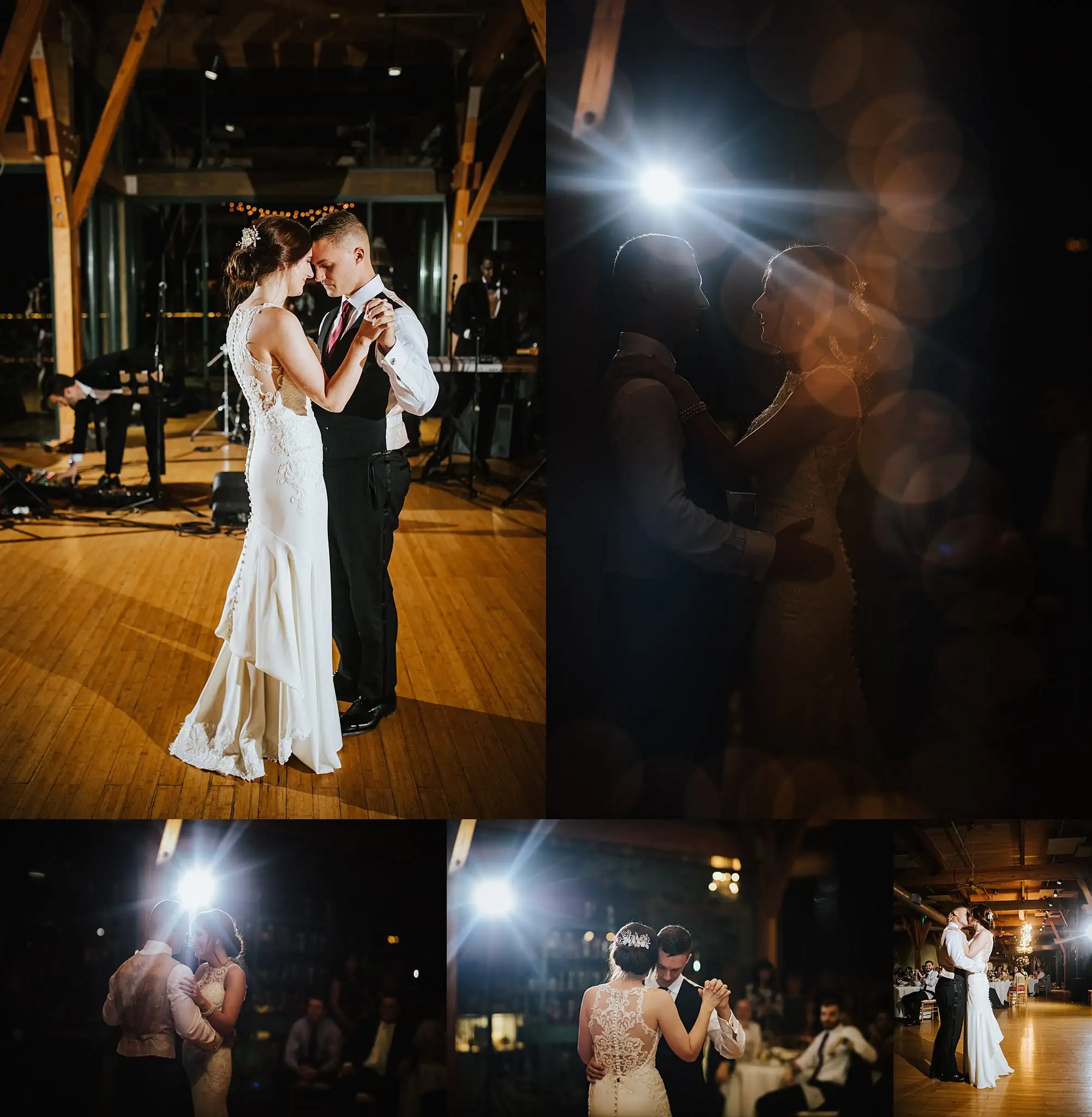First Dance: their first dance under the timber beams, in a set, at their wedding at Callaway Gardens in Pine Mountain, GA