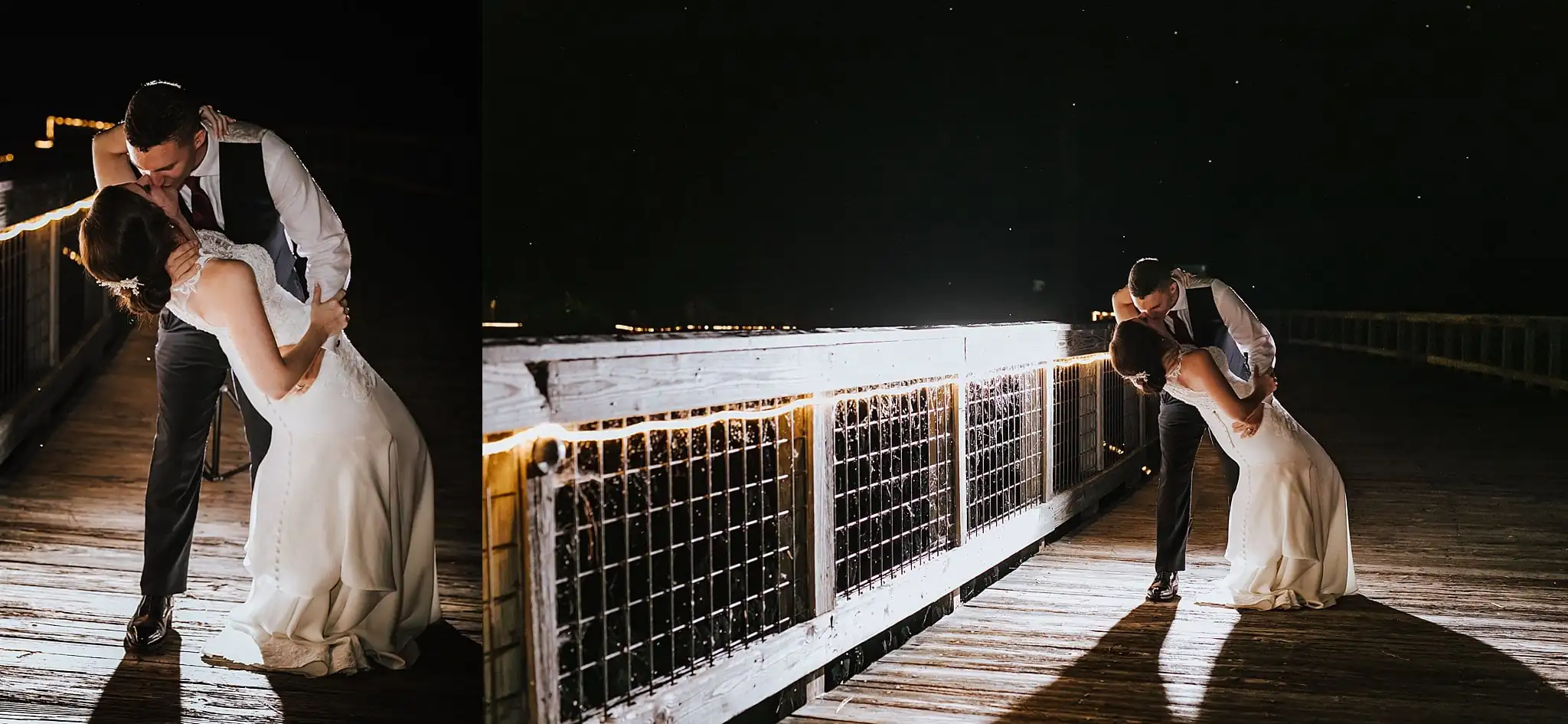 Wedding Formals: a kiss on the boardwalk after dark, in a set, at their wedding at Callaway Gardens in Pine Mountain, GA