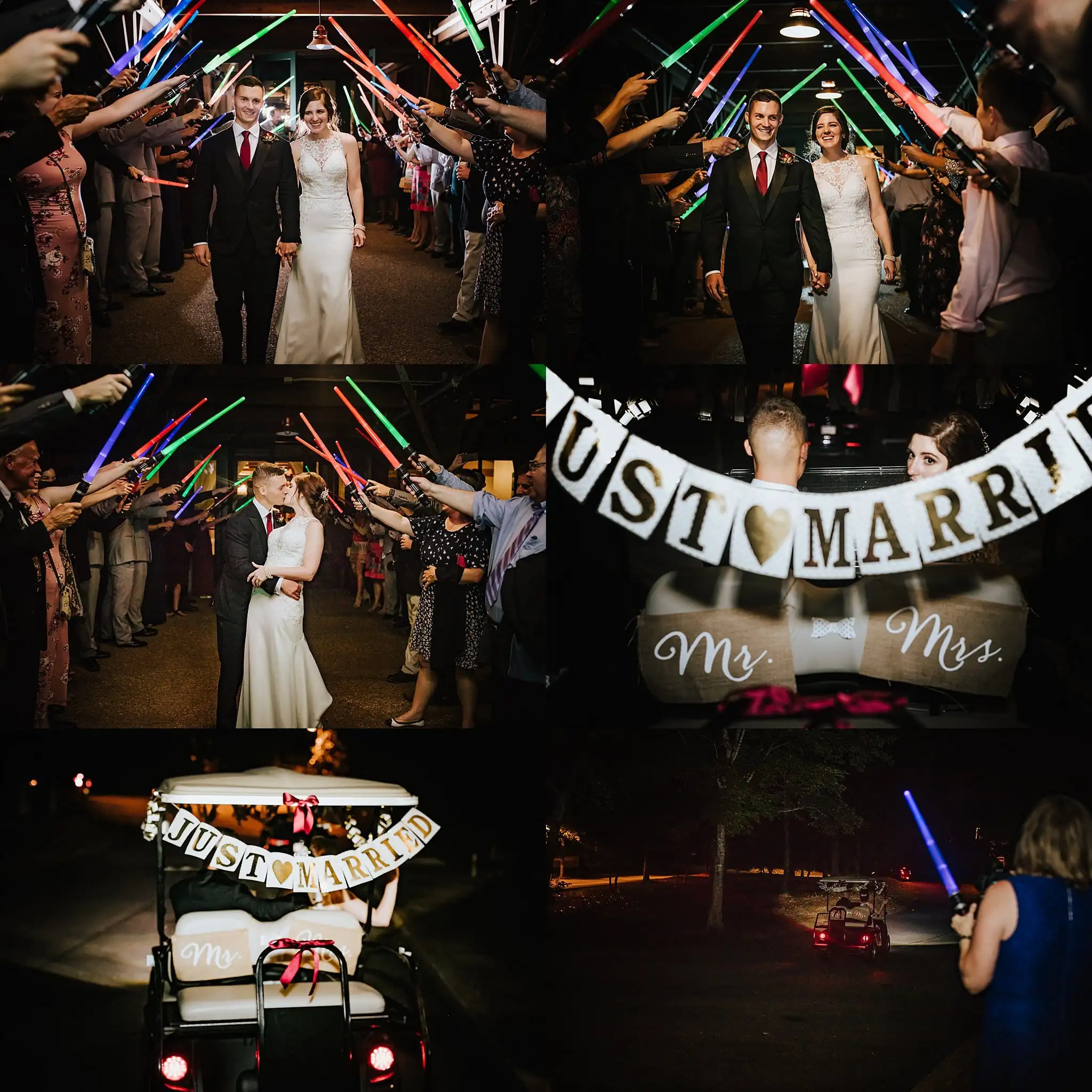 Send-Off: the lightsaber tunnel and the decorated cart, in a set, at their wedding at Callaway Gardens in Pine Mountain, GA