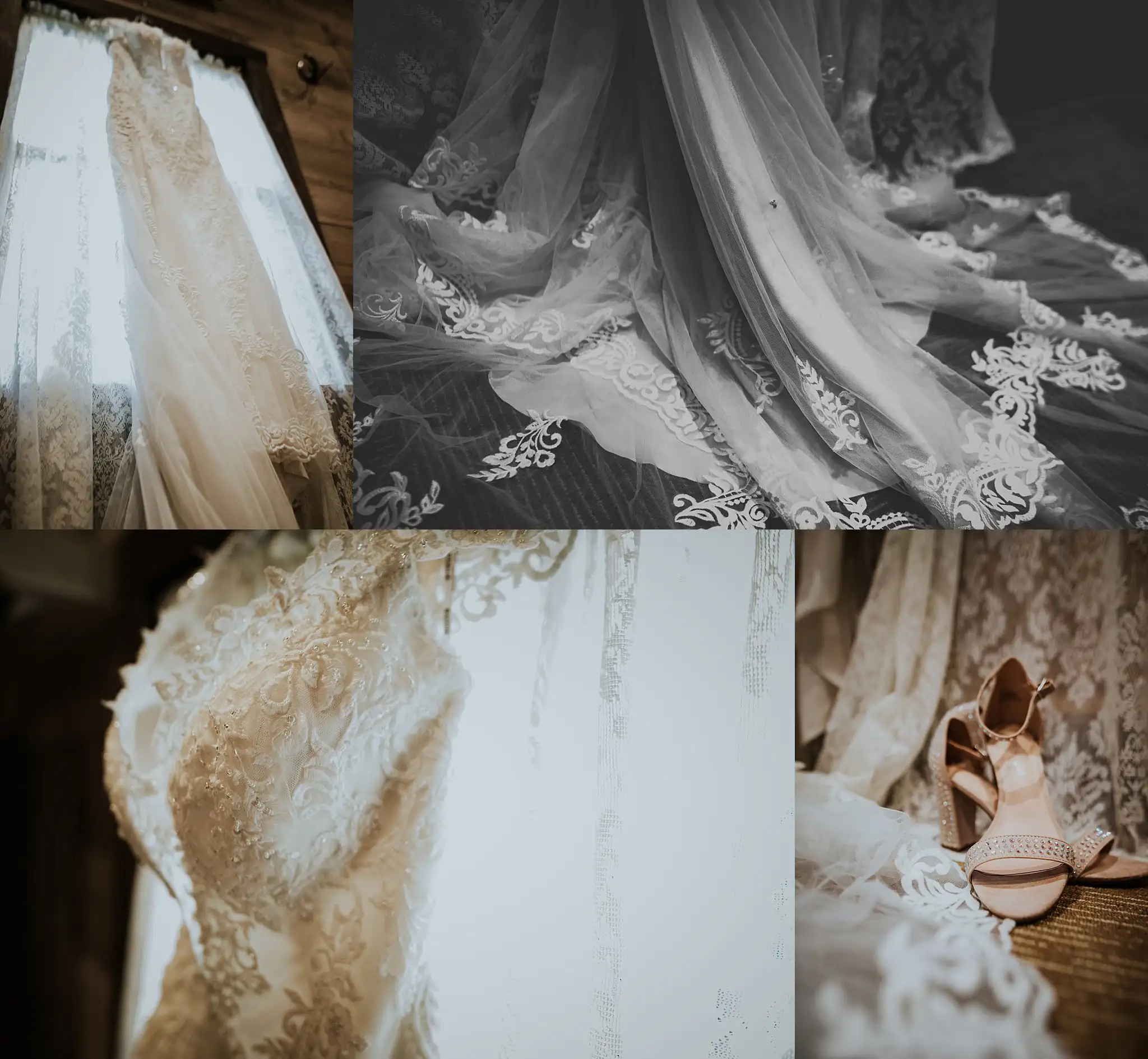Wedding Details: the veil and the lace of the gown, in a set, at a wedding at the Reid Barn in Cumming, GA