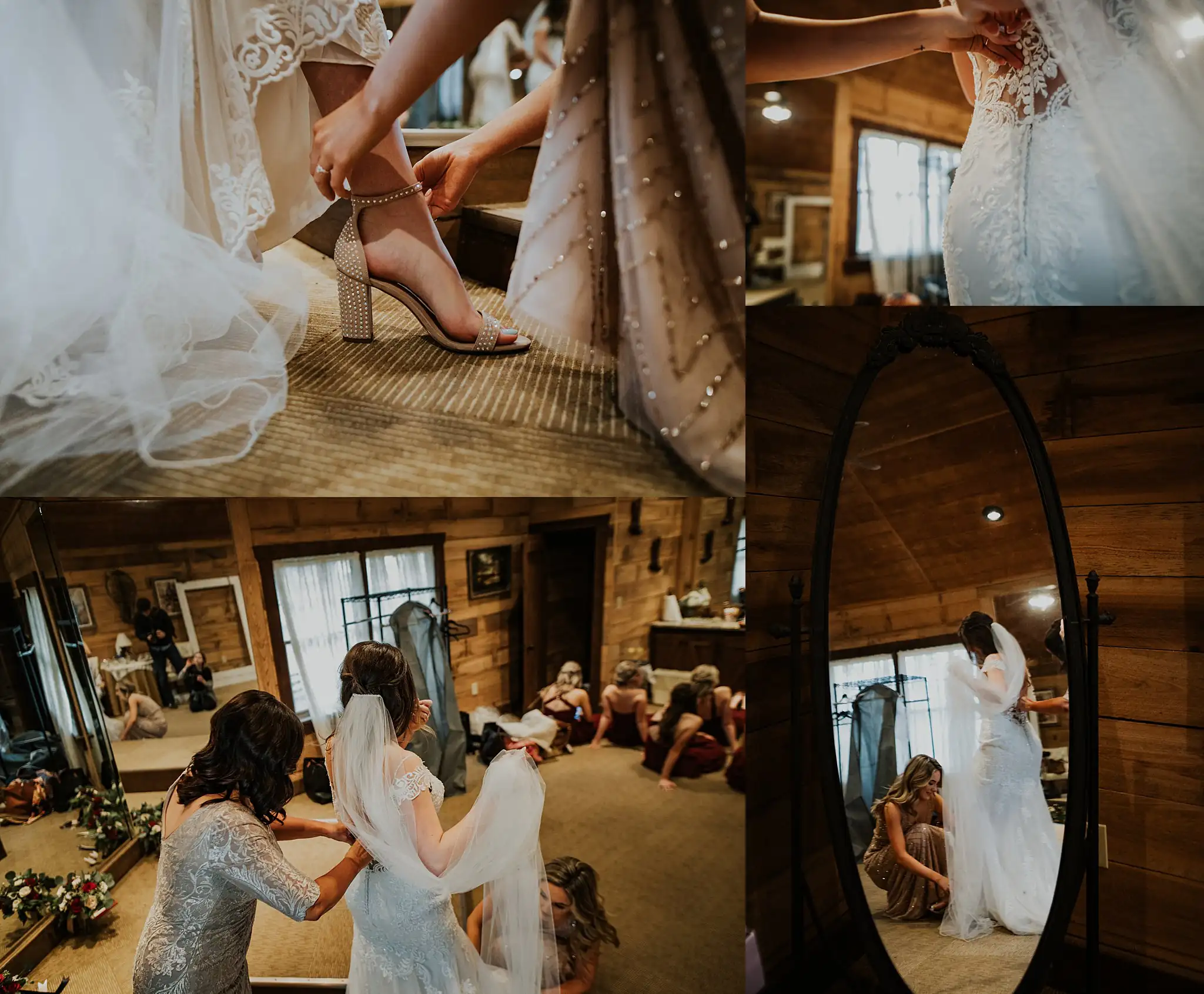 Getting Ready: her shoes going on, and the mirror behind, in a set, before their wedding at the Reid Barn in Cumming, GA