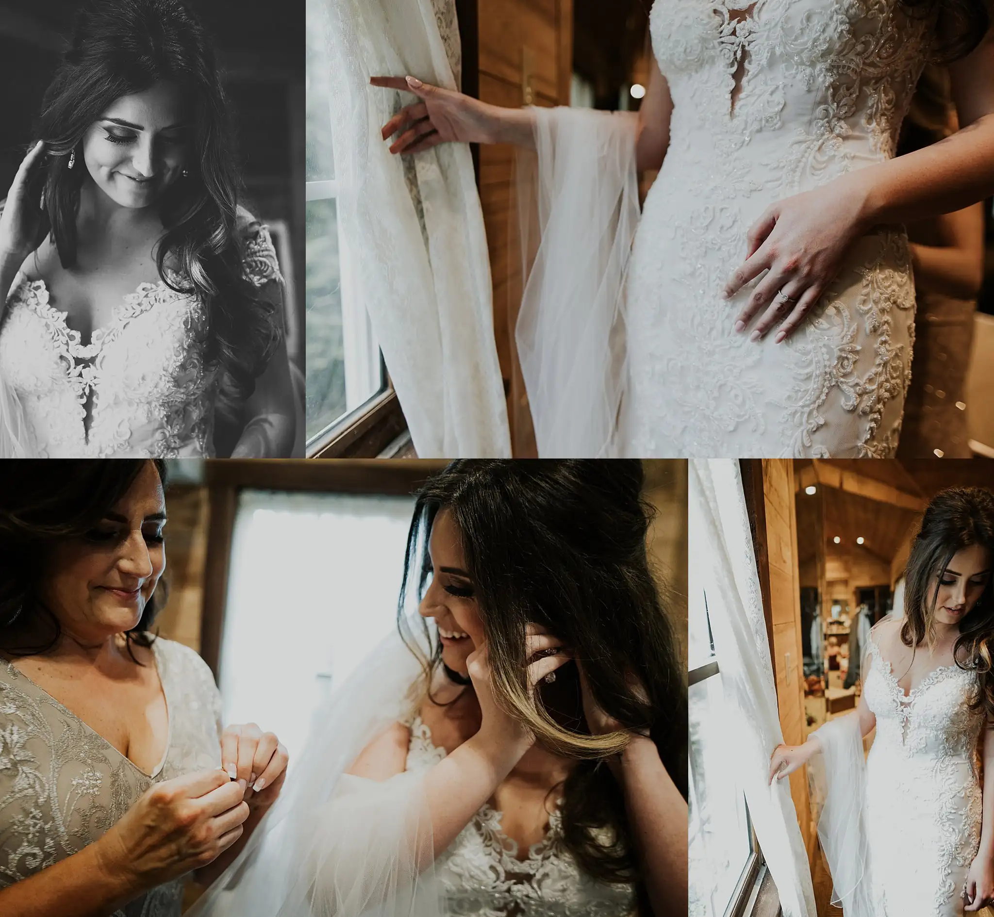 Getting Ready: her mother helping with the veil, in a set, before their wedding at the Reid Barn in Cumming, GA