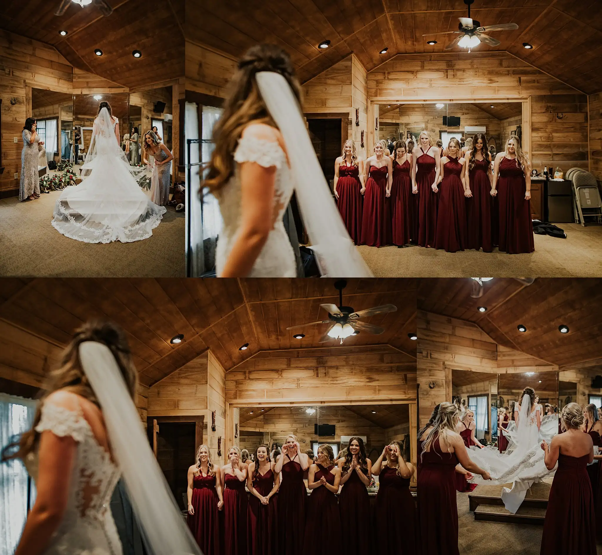 Getting Ready: the bride and her bridesmaids in burgundy in the barn, in a set, before their wedding at the Reid Barn in Cumming, GA