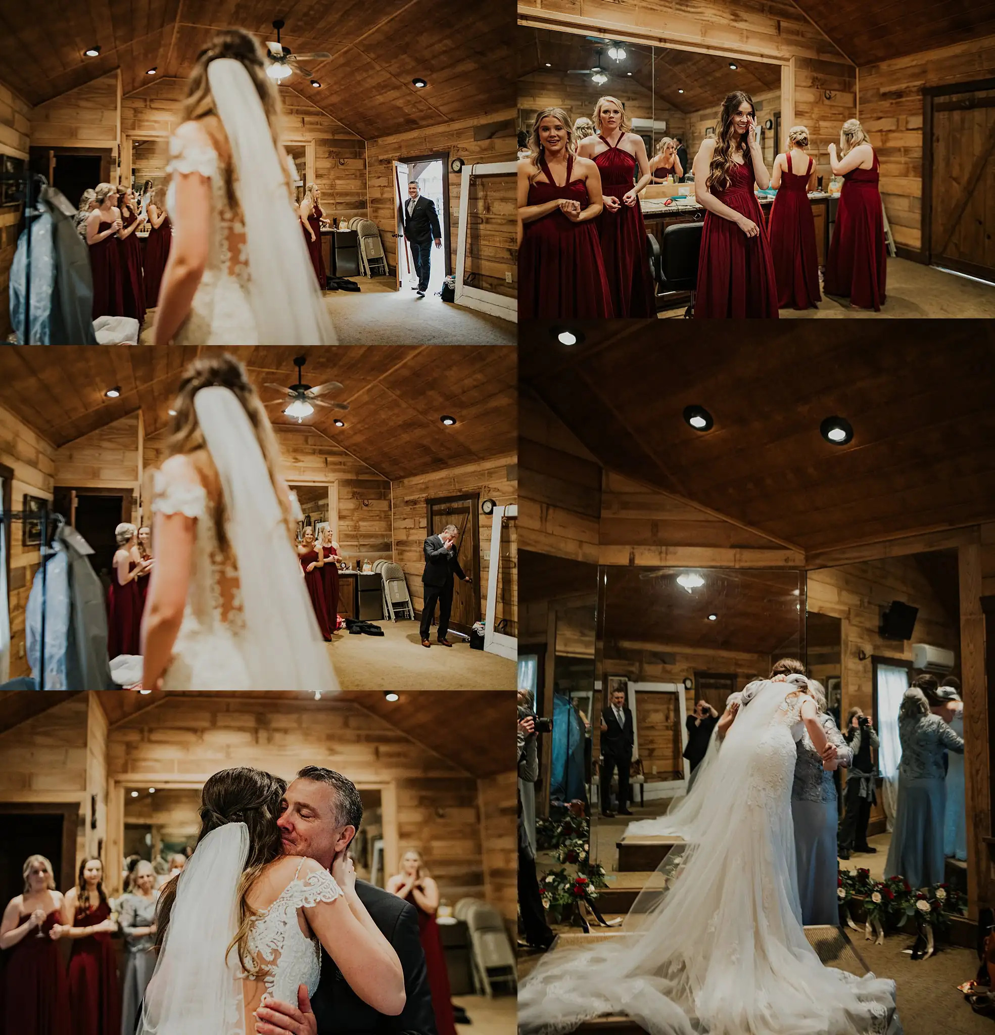 Getting Ready: the bridesmaids seeing her, and a long hug, in a set, before their wedding at the Reid Barn in Cumming, GA