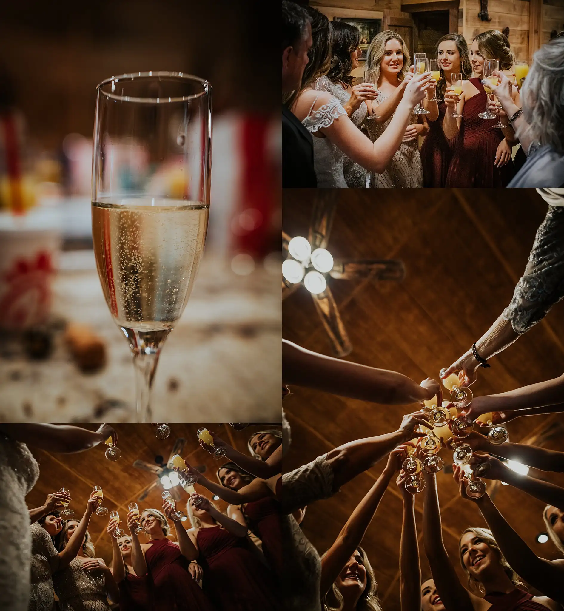 Getting Ready: the toast with her bridesmaids, glasses together, in a set, before their wedding at the Reid Barn in Cumming, GA