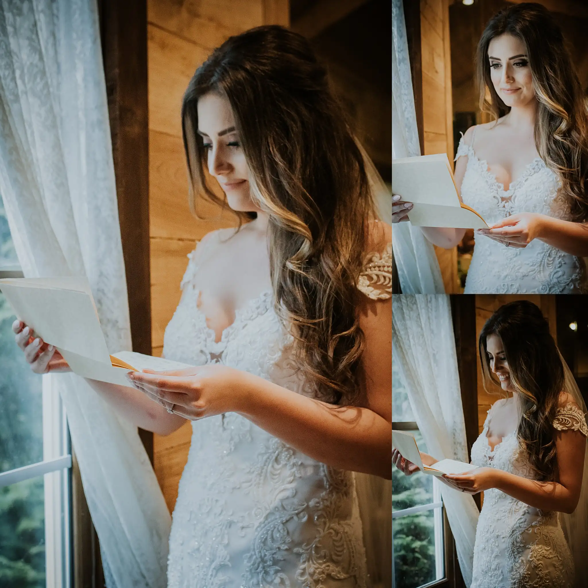 Getting Ready: the bride reading her letter by the window, in a set, before their wedding at the Reid Barn in Cumming, GA