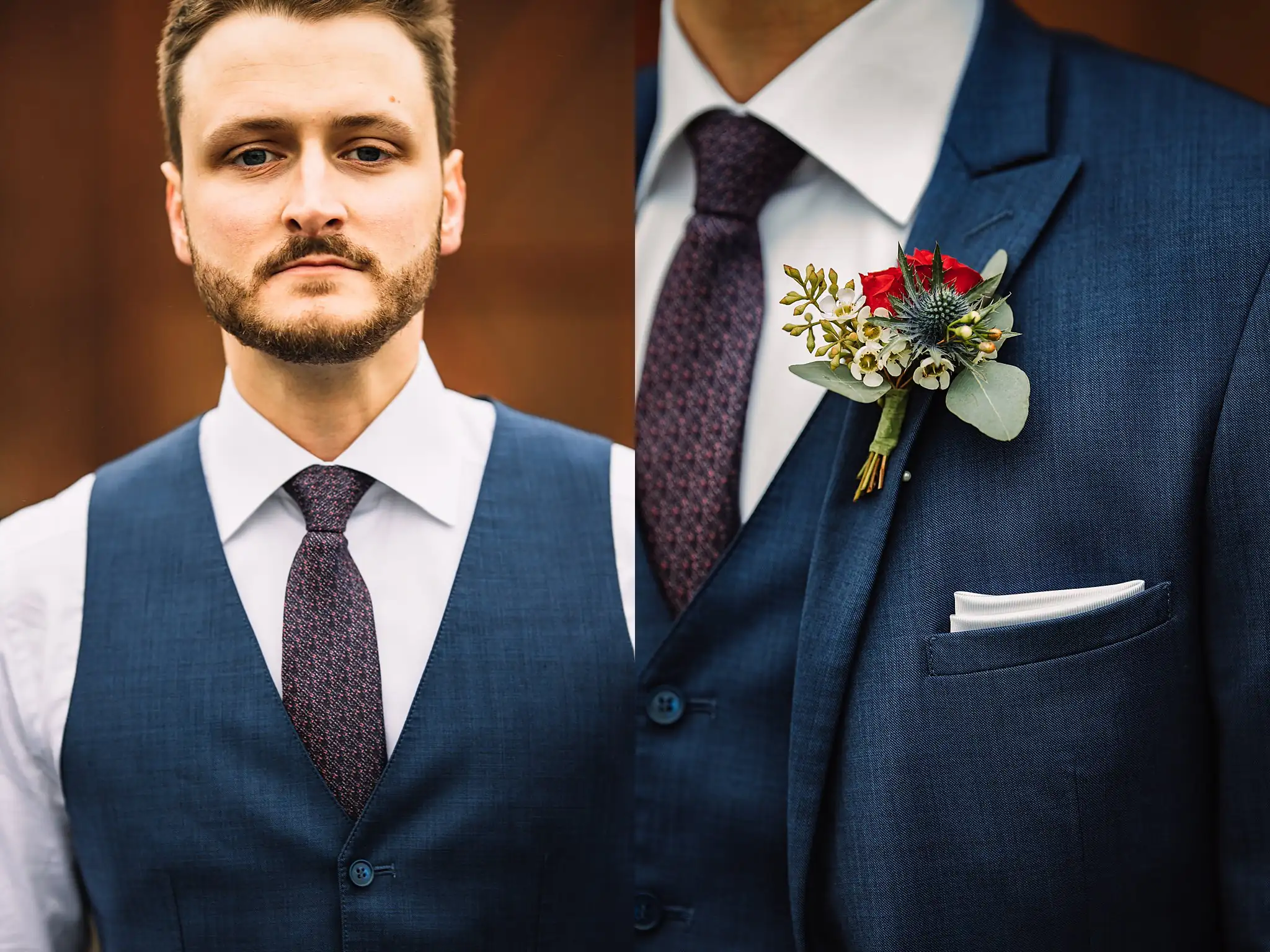 Wedding Formals: the groom, and his tie and boutonniere, in a set, at their wedding at the Reid Barn in Cumming, GA