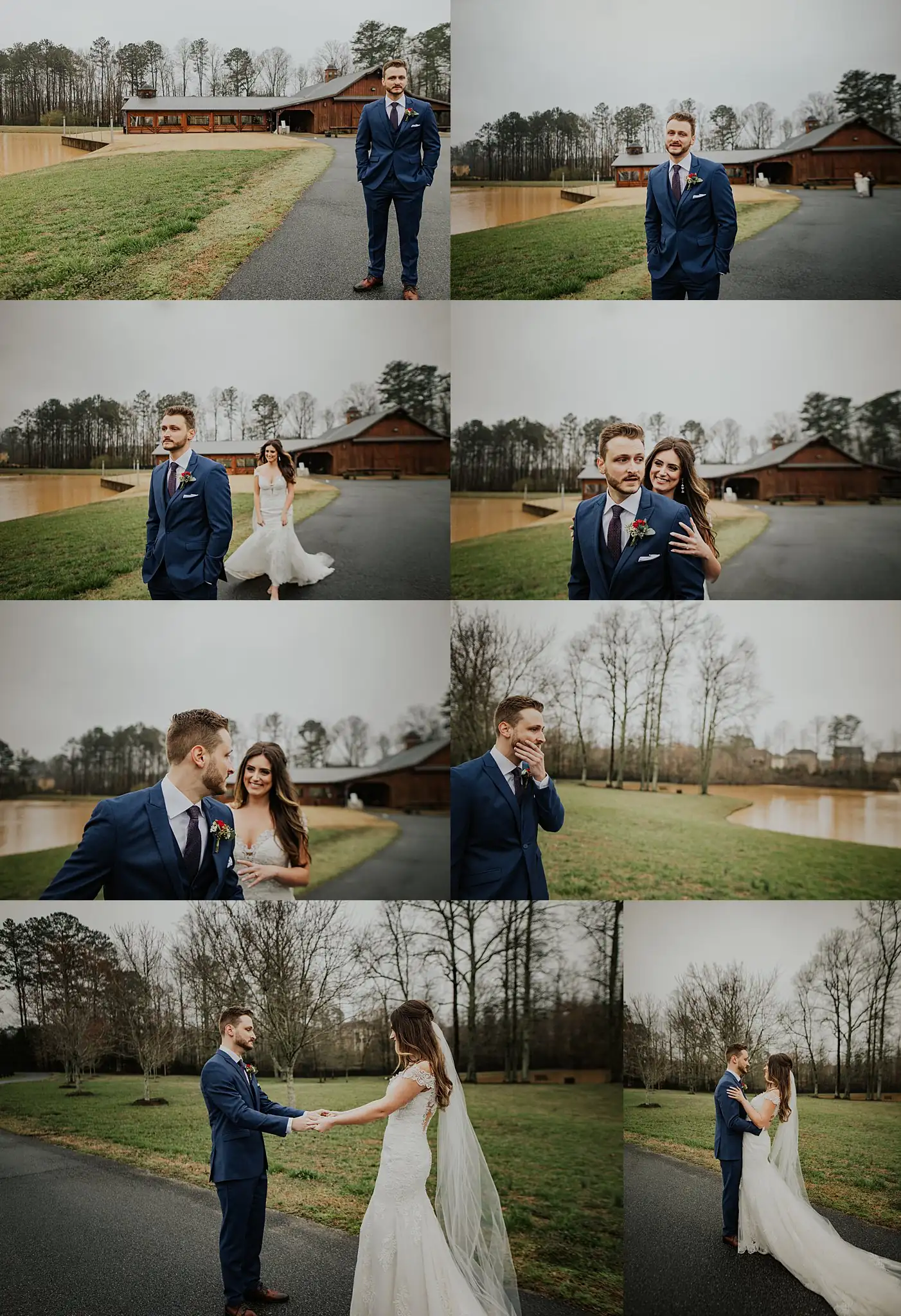 First Look: the first look out by the pond in the wet, in a set, before their wedding at the Reid Barn in Cumming, GA