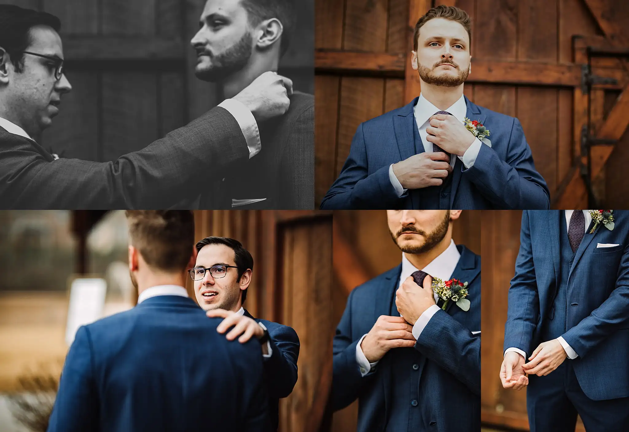 Getting Ready: the groom and his groomsmen dressing in navy, in a set, before their wedding at the Reid Barn in Cumming, GA
