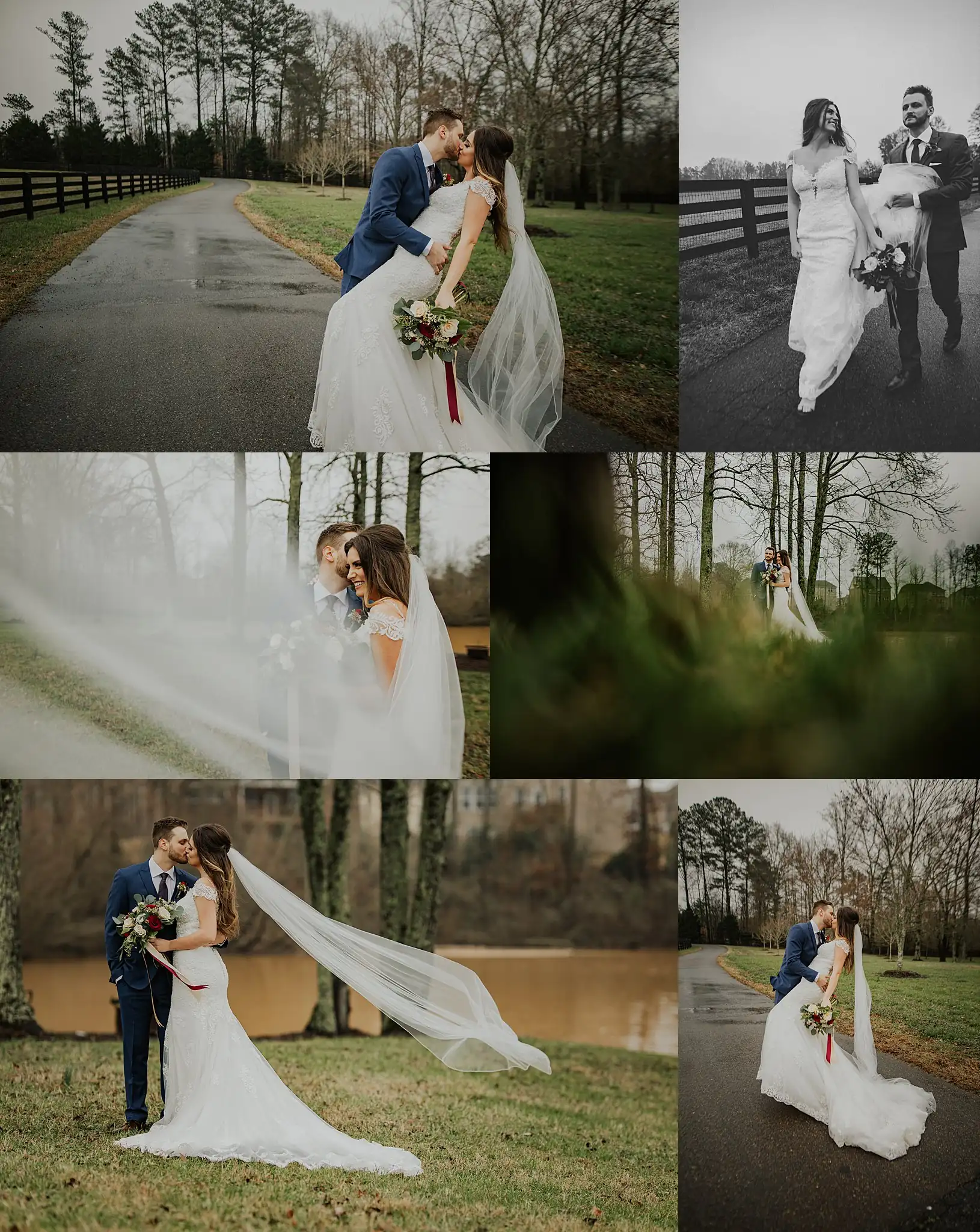 Wedding Formals: the couple out in the rain, and under her veil, in a set, at their wedding at the Reid Barn in Cumming, GA