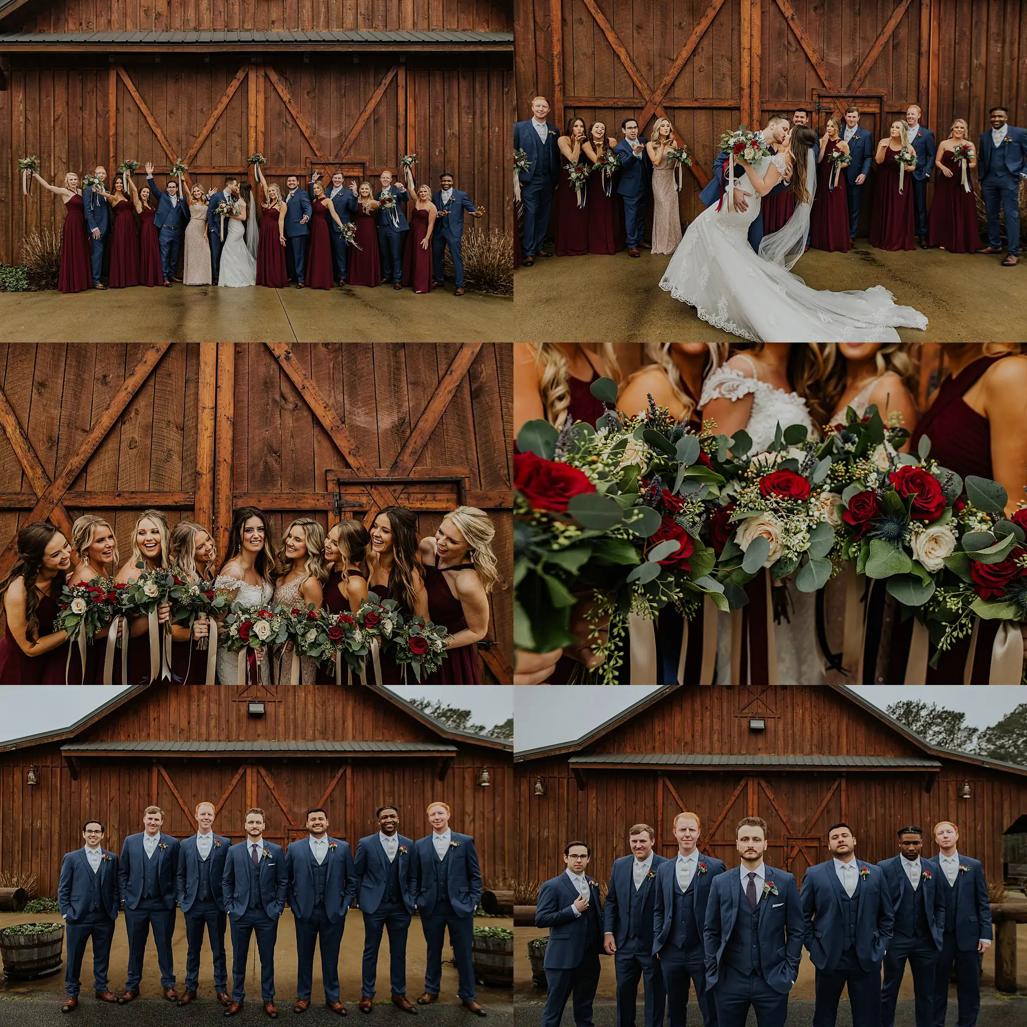 Wedding Party: the wedding party at the barn doors, in a set, at their wedding at the Reid Barn in Cumming, GA