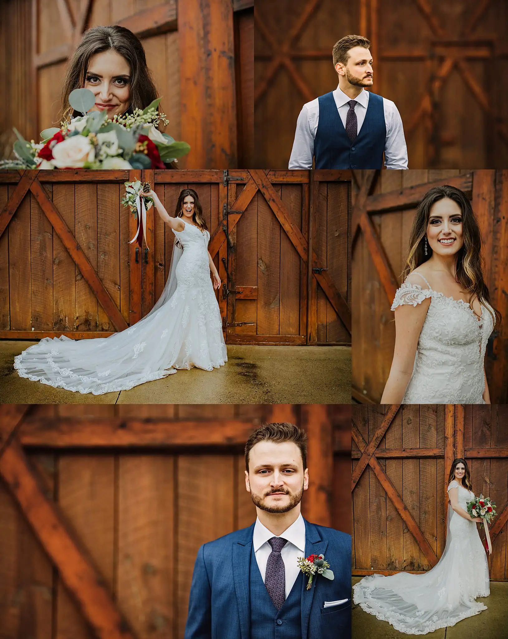 Wedding Formals: the two of them against the barn doors, in a set, at their wedding at the Reid Barn in Cumming, GA