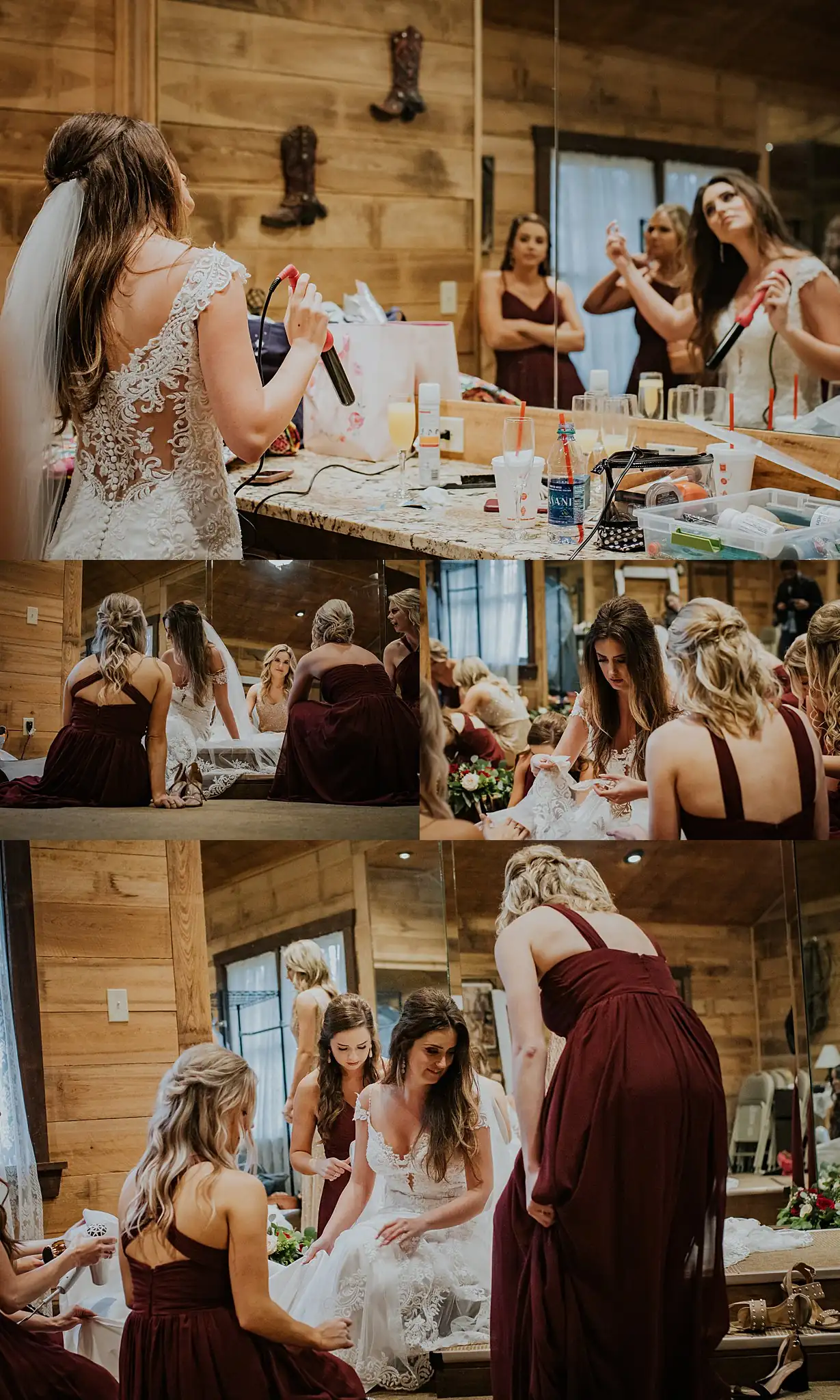 Getting Ready: the bridesmaids getting ready together, in a set, before their wedding at the Reid Barn in Cumming, GA