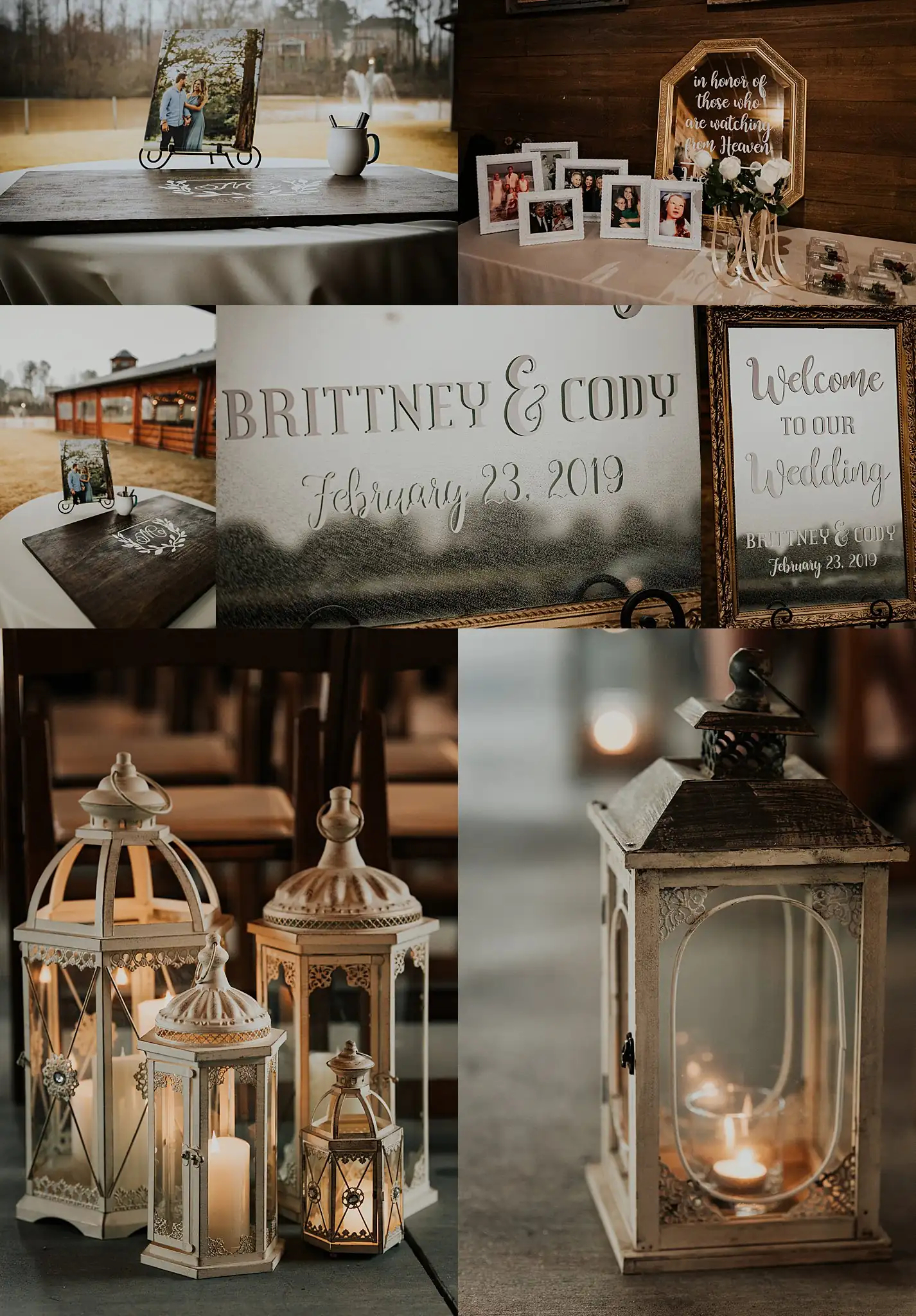 Reception Details: the welcome sign, the photographs and the lanterns, in a set, at a wedding at the Reid Barn in Cumming, GA