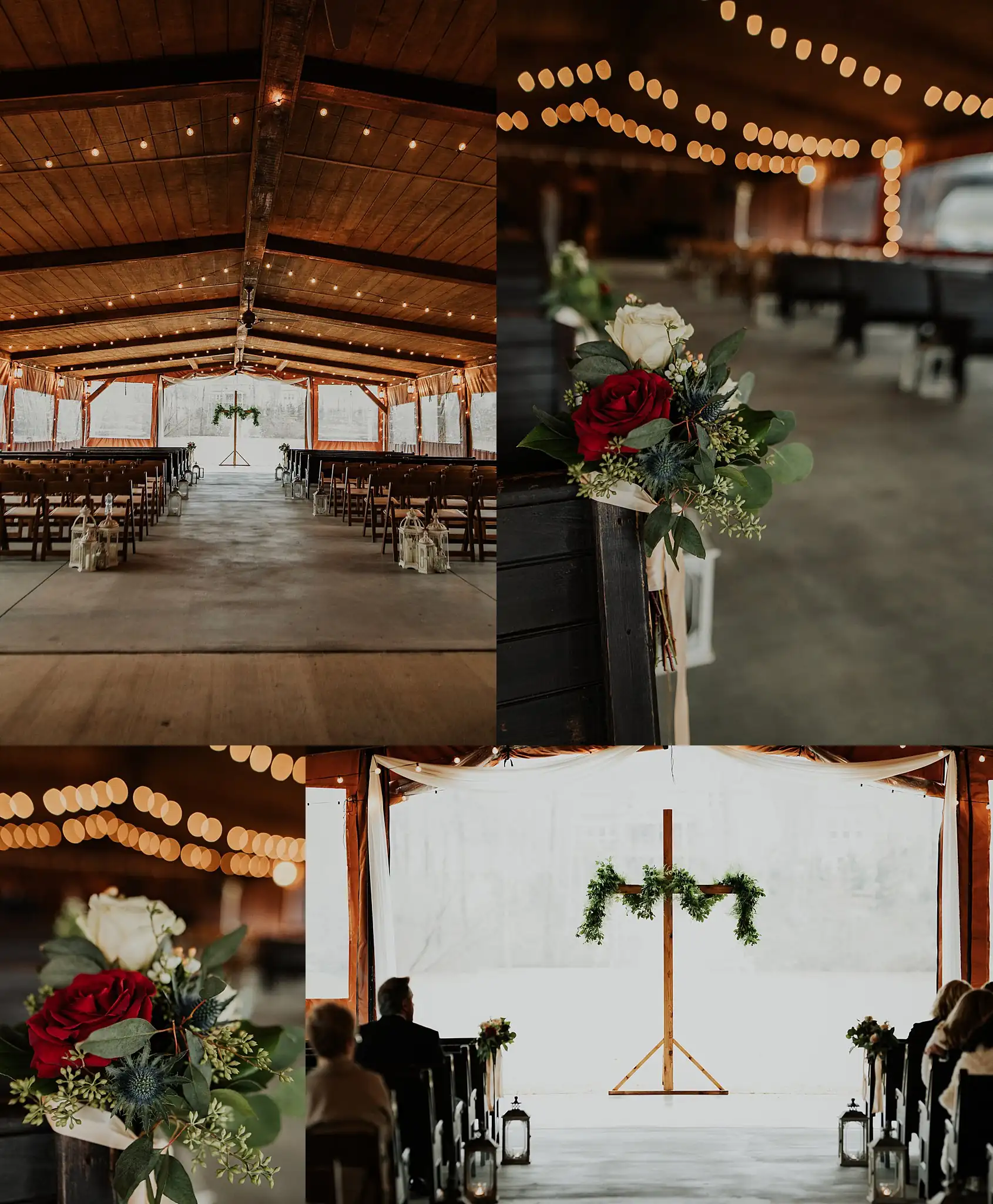 Wedding Ceremony: the barn set for the ceremony under string lights, in a set, at a wedding at the Reid Barn in Cumming, GA